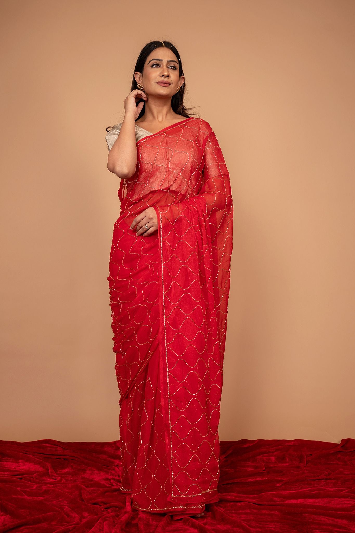 red Viscose Chiffon Kardana jaal Handwork Saree