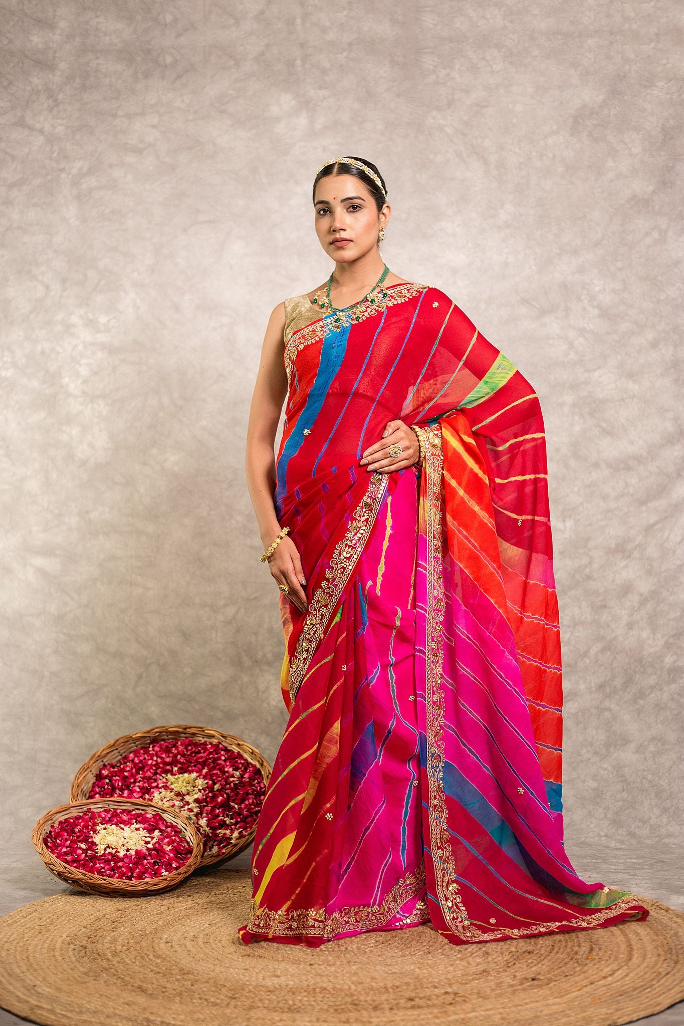 Multi lehariya Pure Georgette 20 Gsm Gotta Pati border butti handwork traditional wear saree