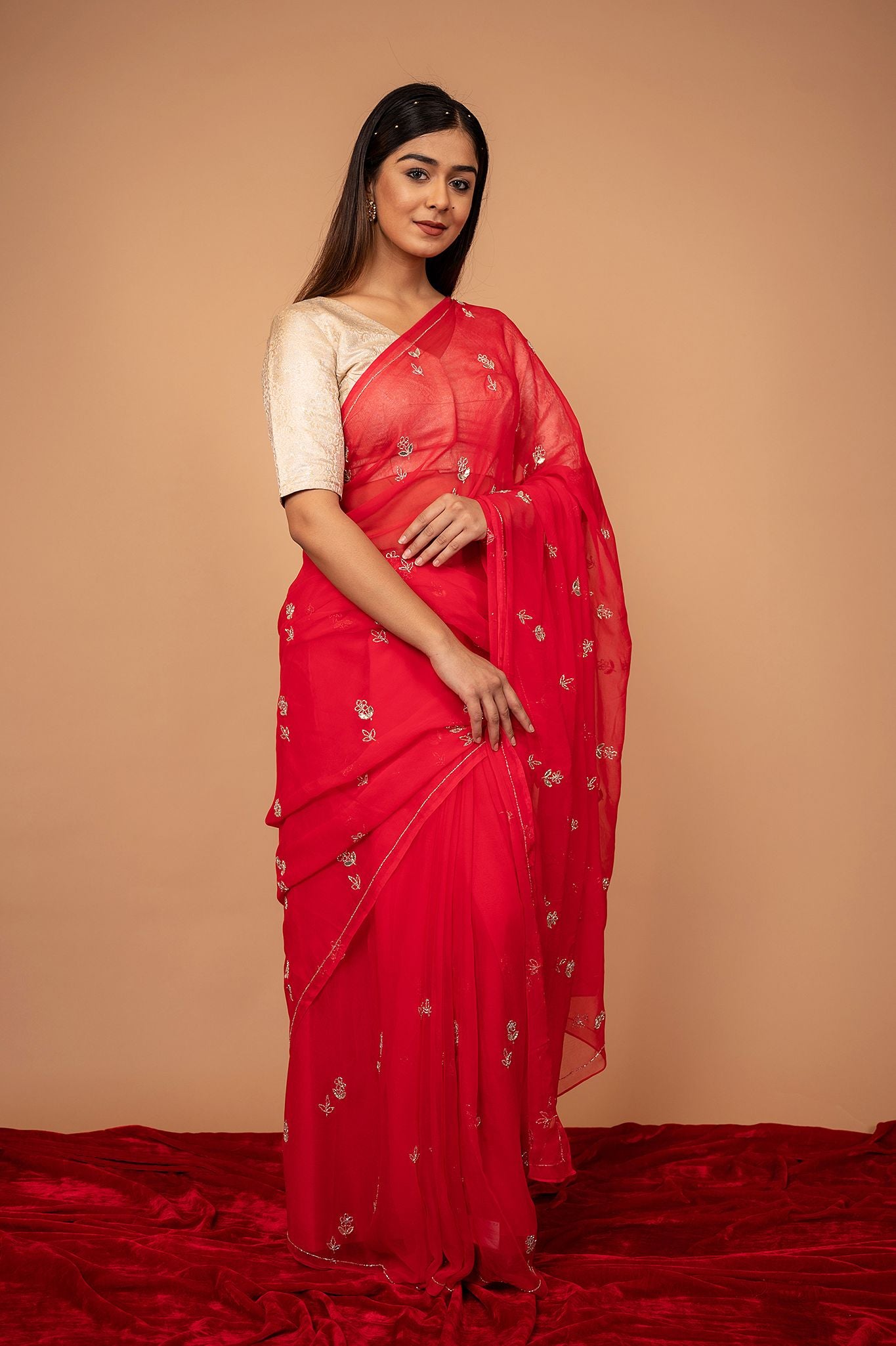Red Viscose Chiffon Gottapati butti handwork daily wear saree
