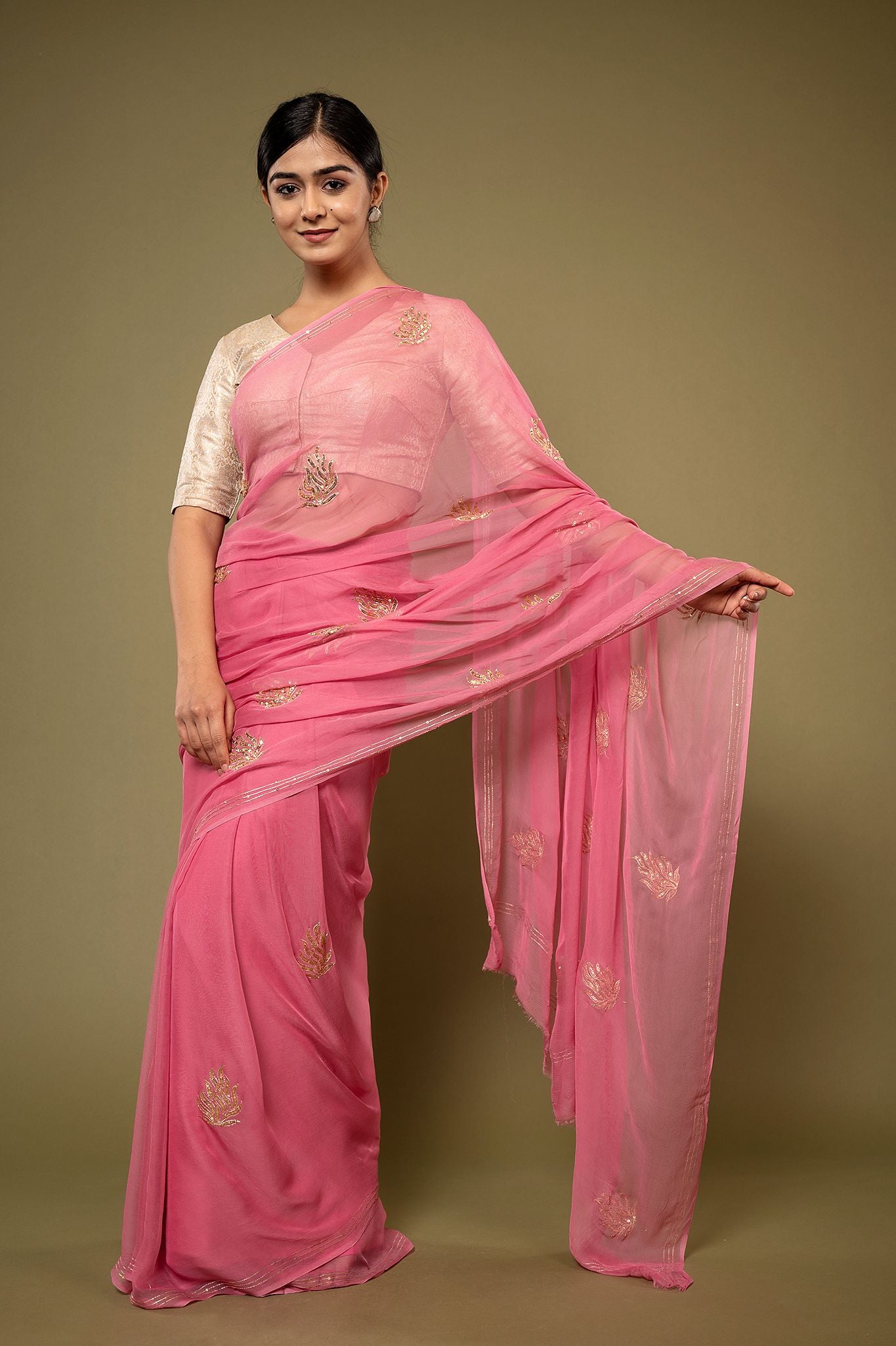 Pink viscose chiffon aari sequins motif handwork casual wear saree