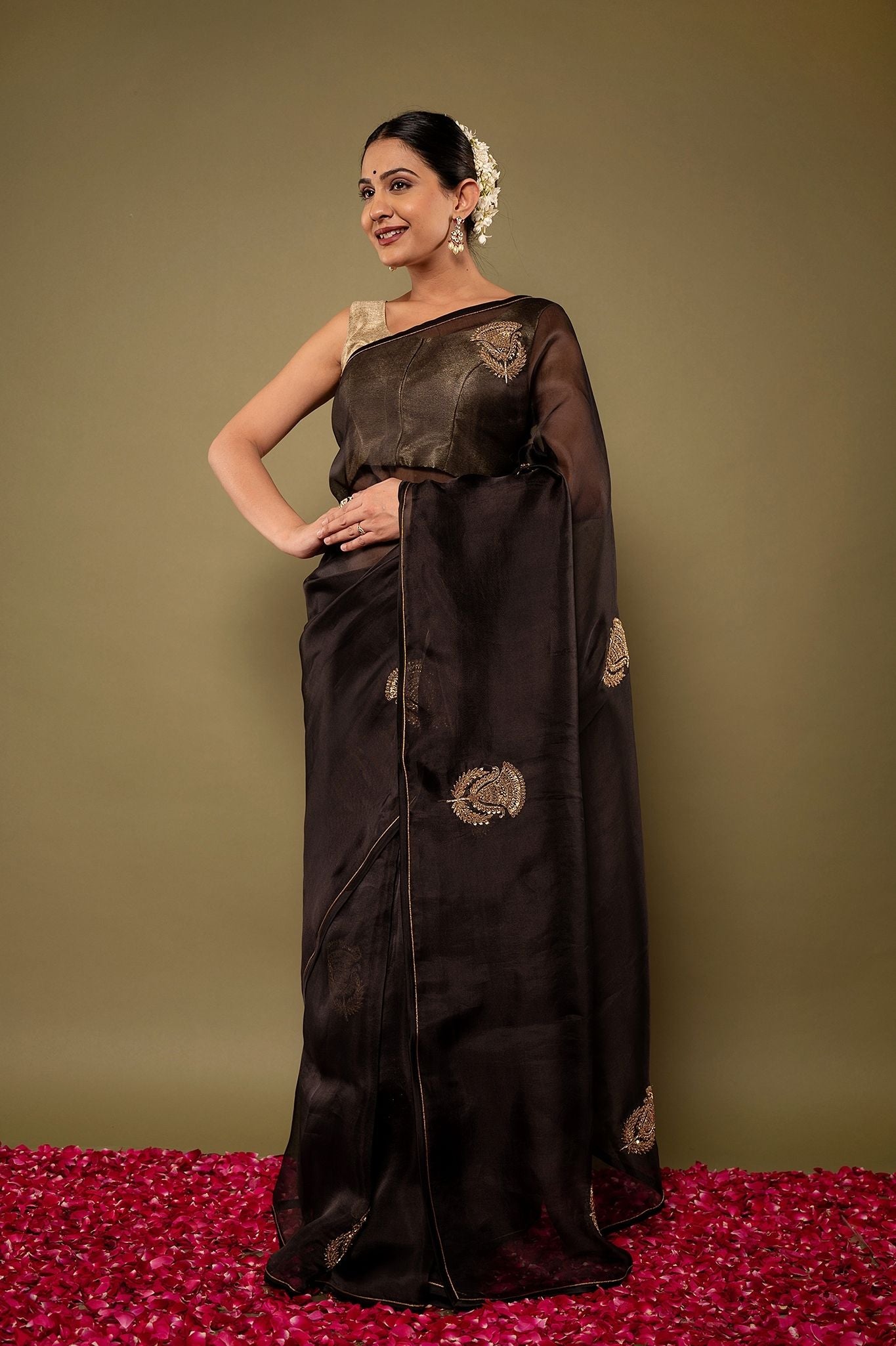 Black pure organza zardozi motif handwork saree
