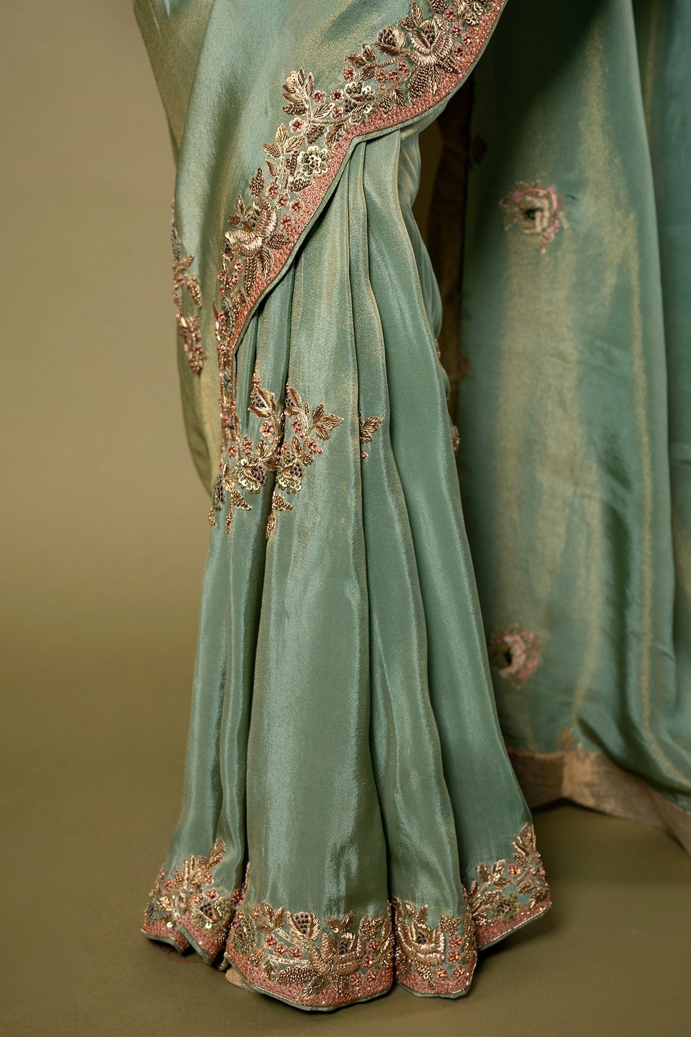 Green pure tissue Resham Zardozi border butti handwork saree