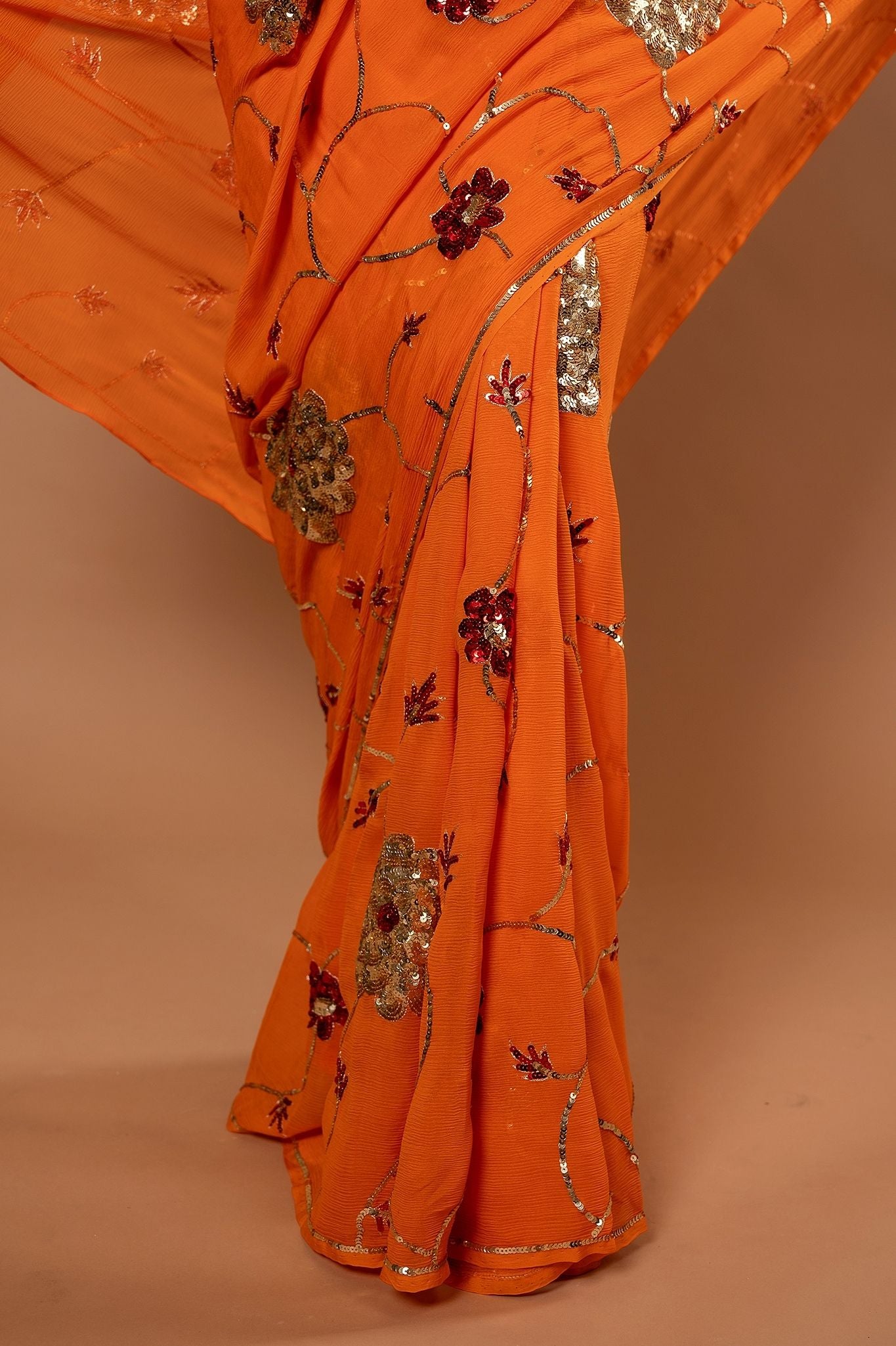 Orange pure chiffon sequins jaal handwork saree