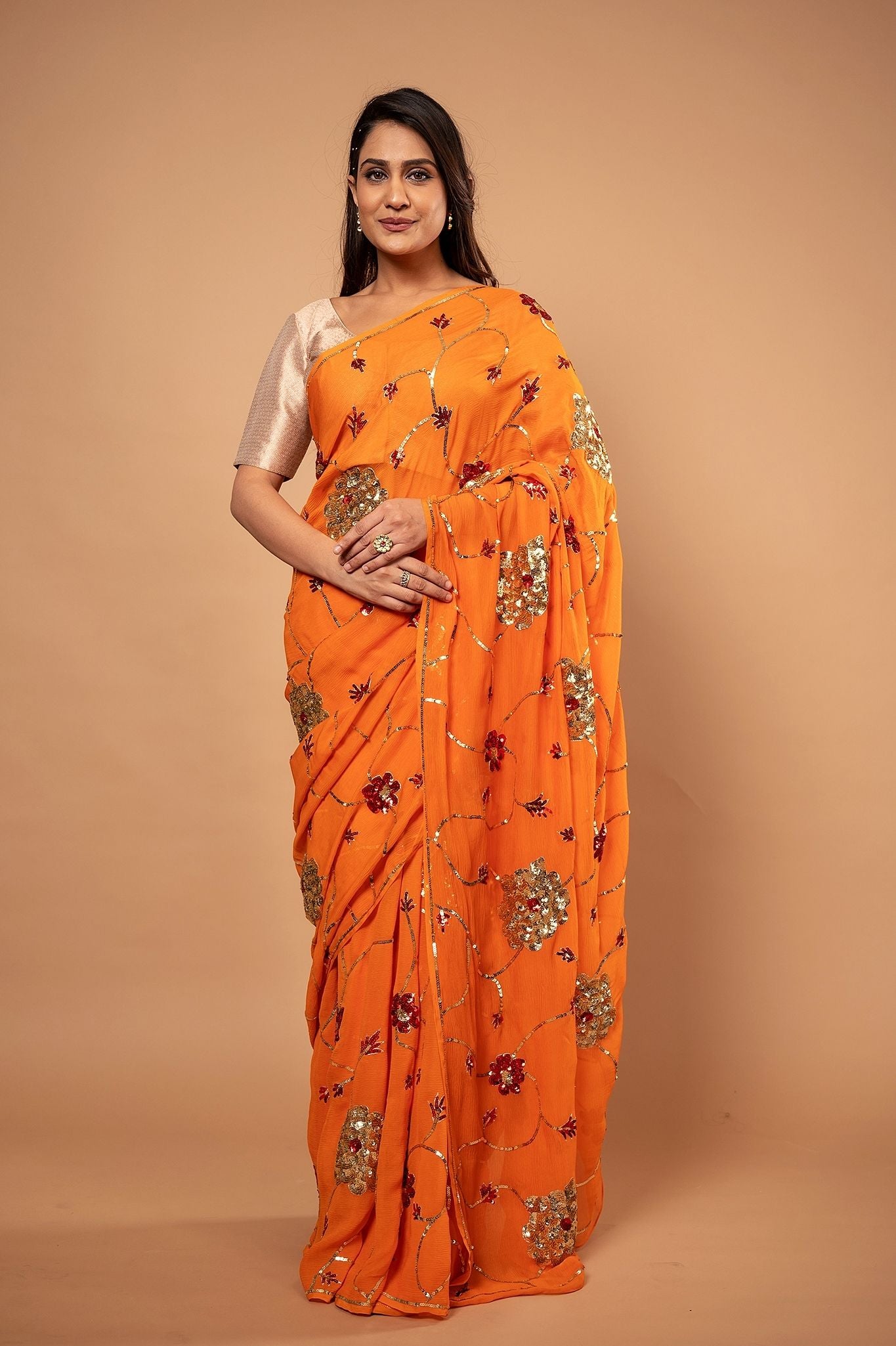 Orange pure chiffon sequins jaal handwork saree