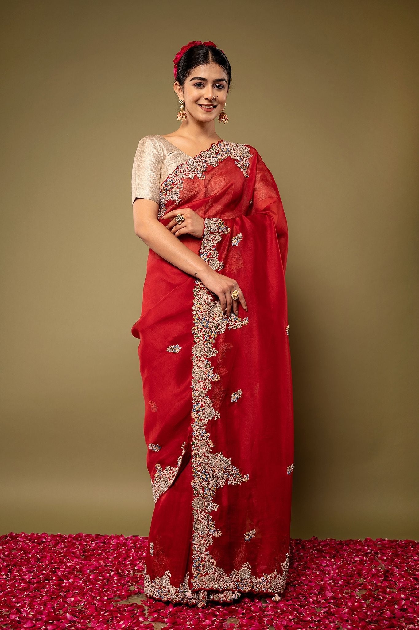 Red pure organza Dapka Marodi Zardozi Border Jaal handwork saree