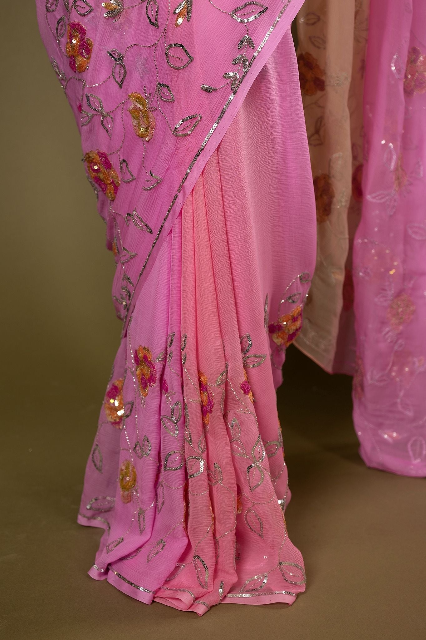 Pink Peach pure chiffon Sequins Butti handwork saree