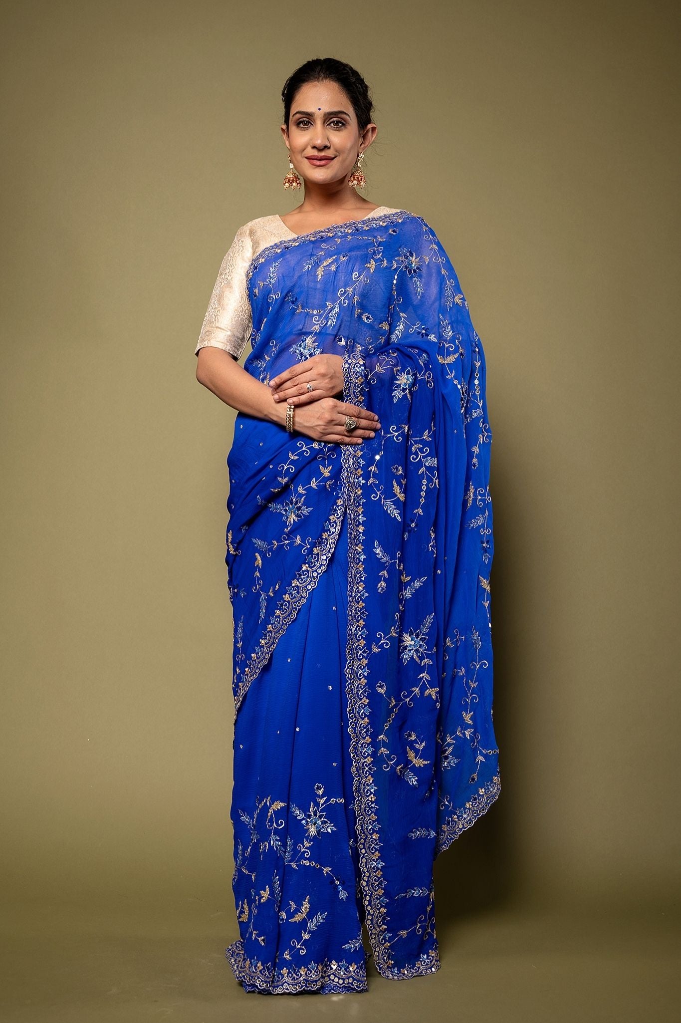 Royal Blue Viscose Chiffon Aari sequins border jaal handwork party wear Saree