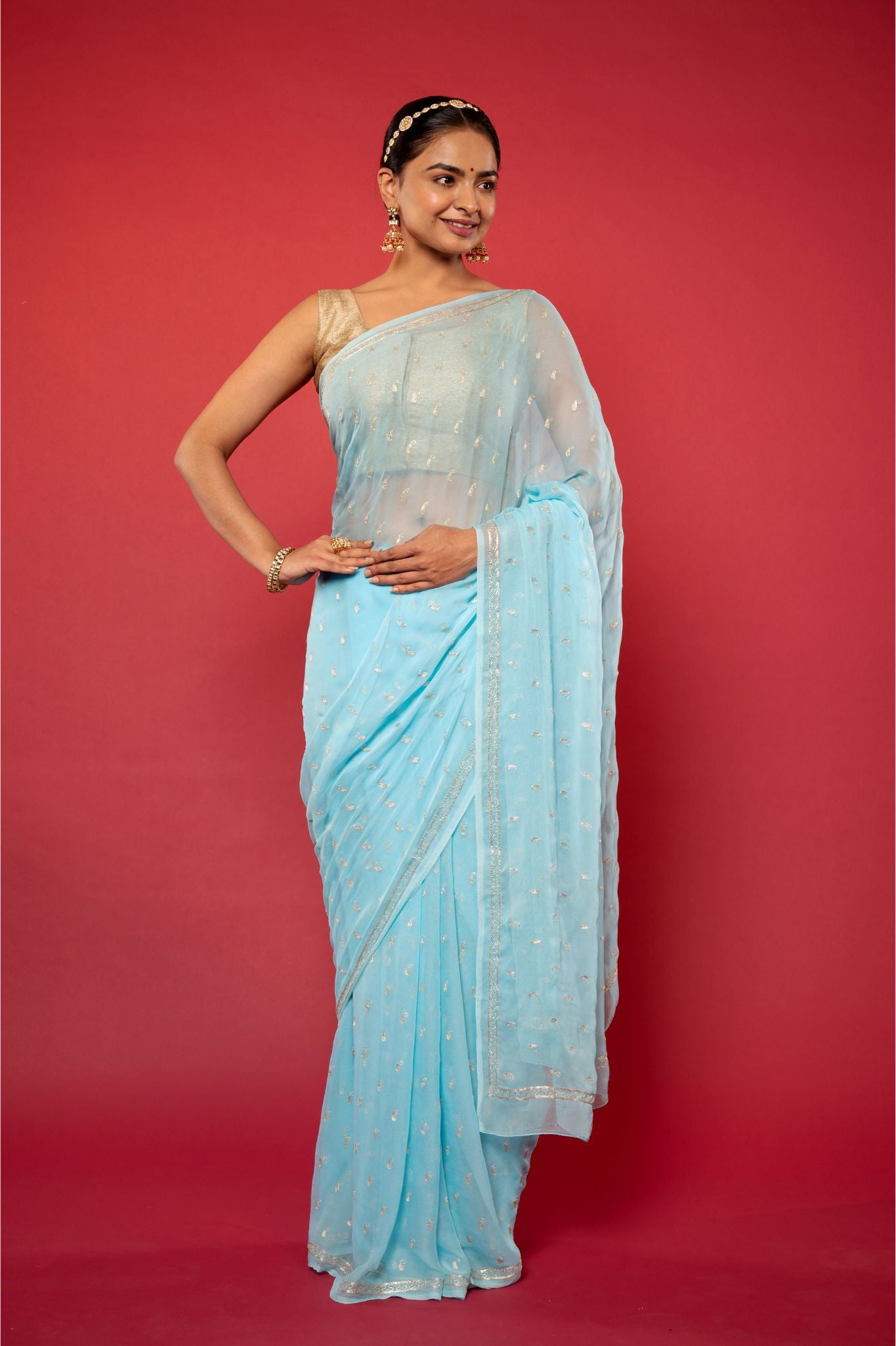 Sky blue viscose chiffon Aari motif handwork casual wear saree