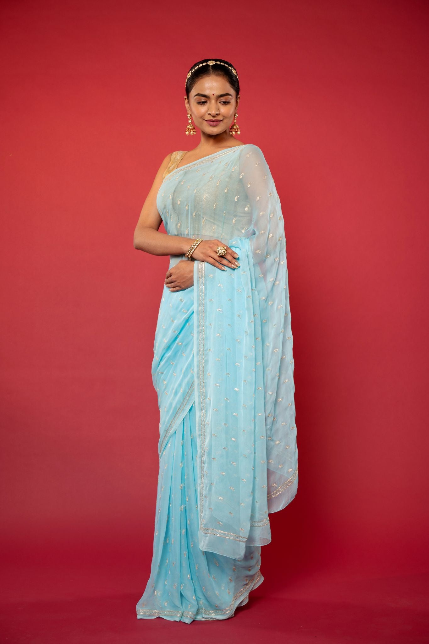 Sky blue viscose chiffon Aari motif handwork casual wear saree