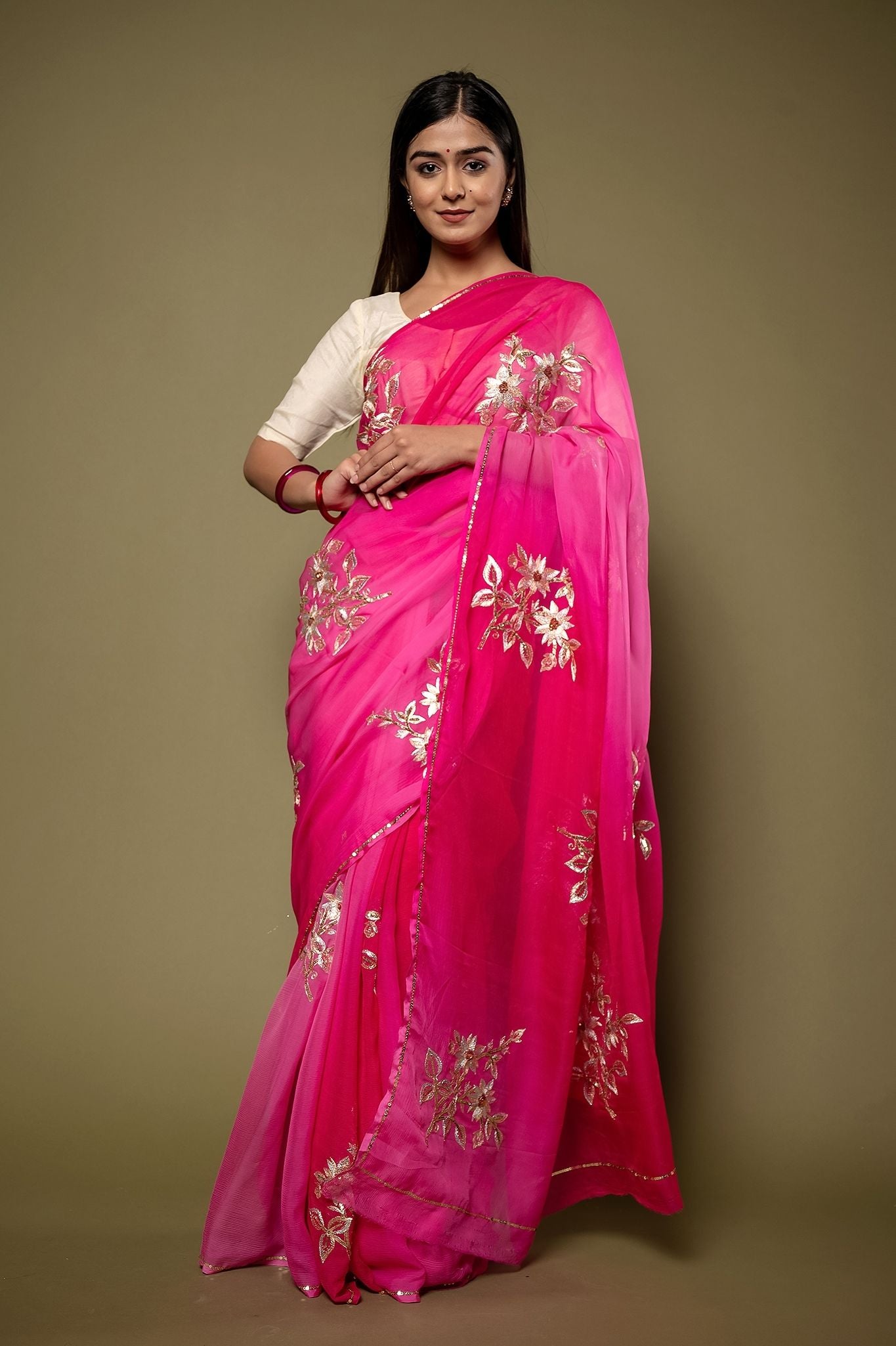 Pink Pure Chiffon Aari sequins Motif handwork Saree