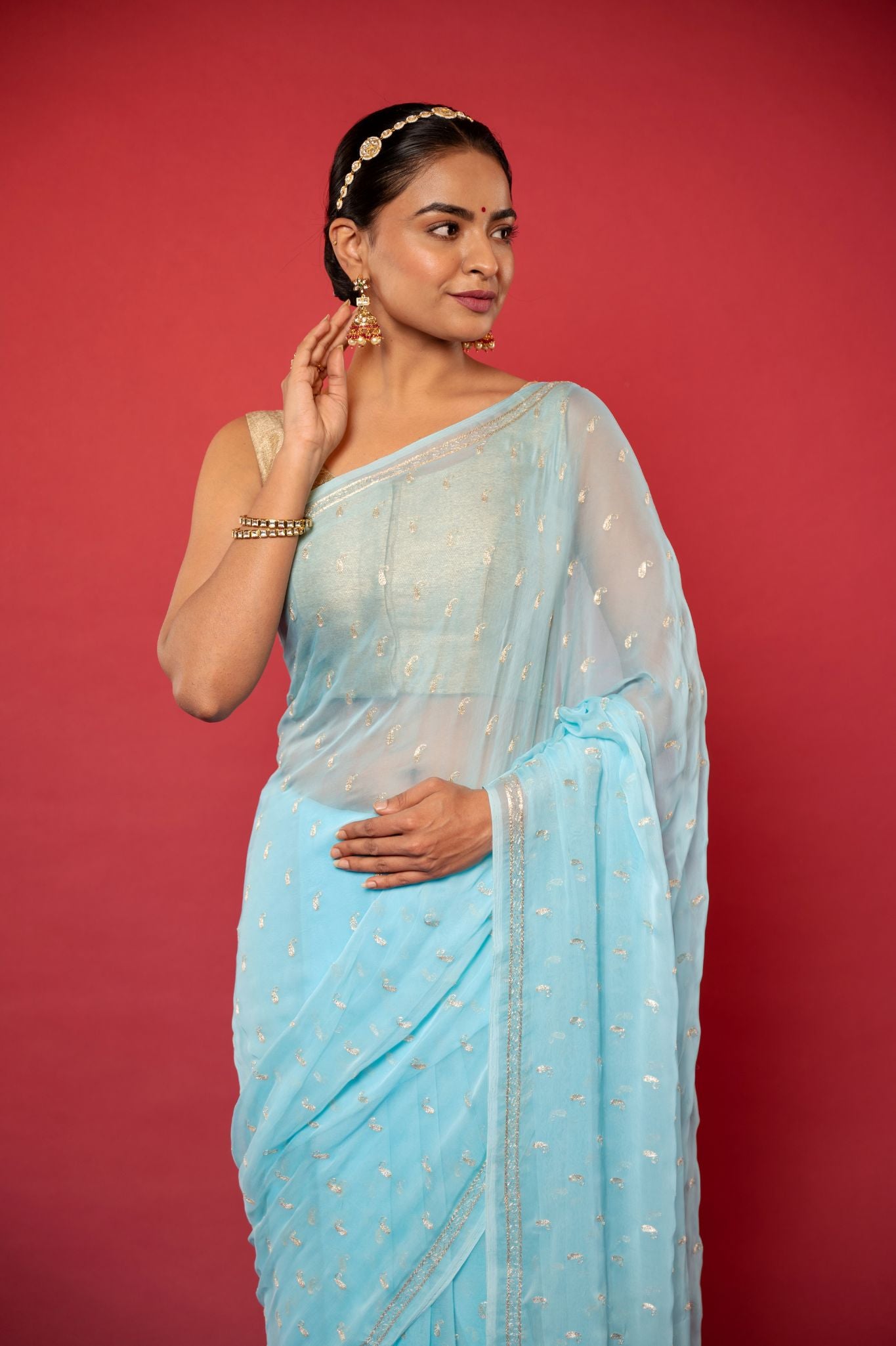 Sky blue viscose chiffon Aari motif handwork casual wear saree