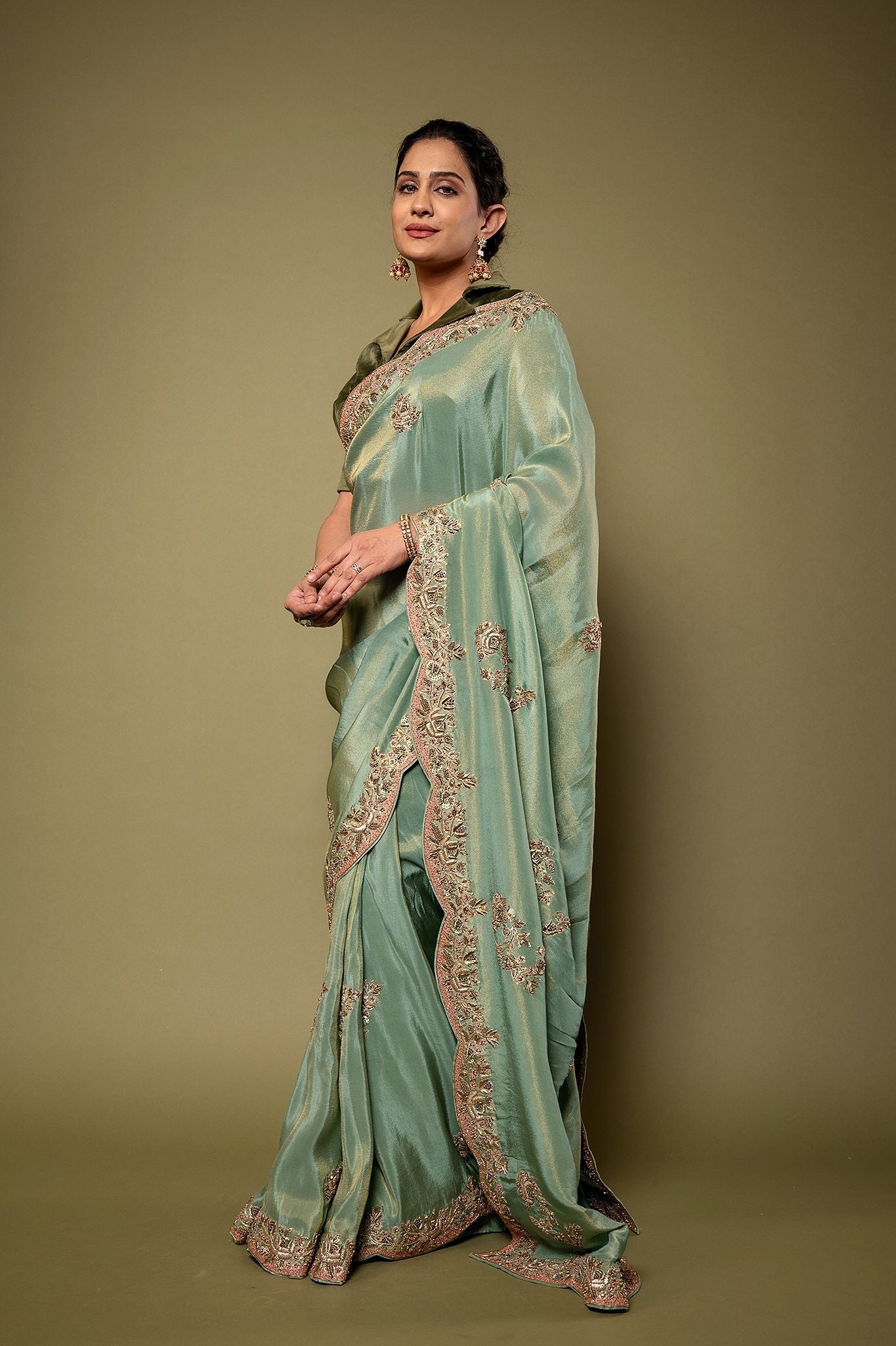 Green pure tissue Resham Zardozi border butti handwork saree
