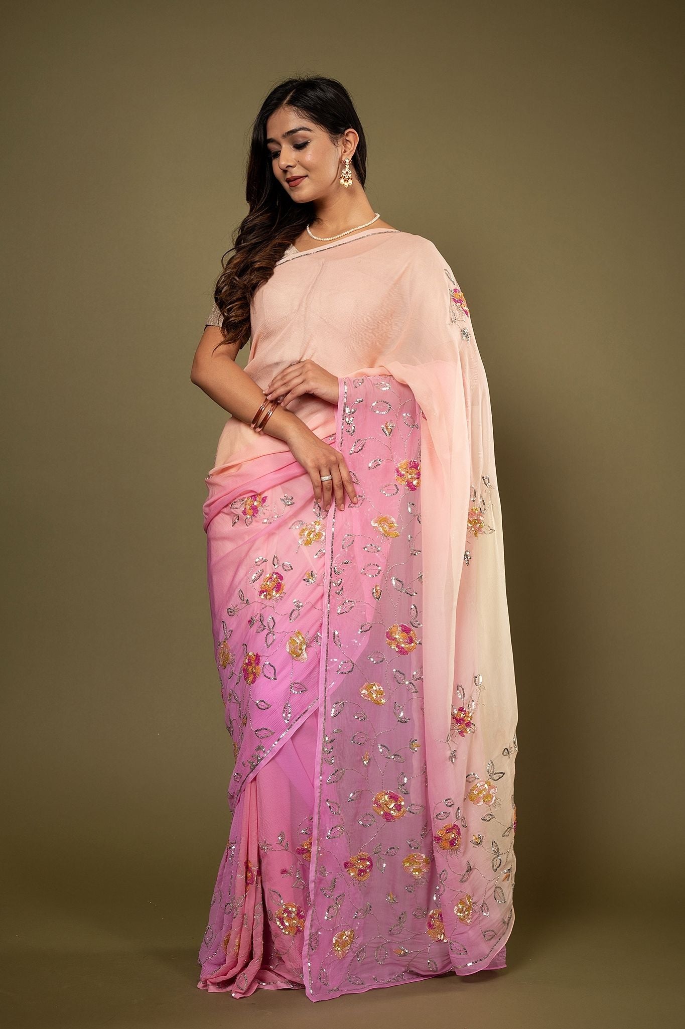 Pink Peach pure chiffon Sequins Butti handwork saree