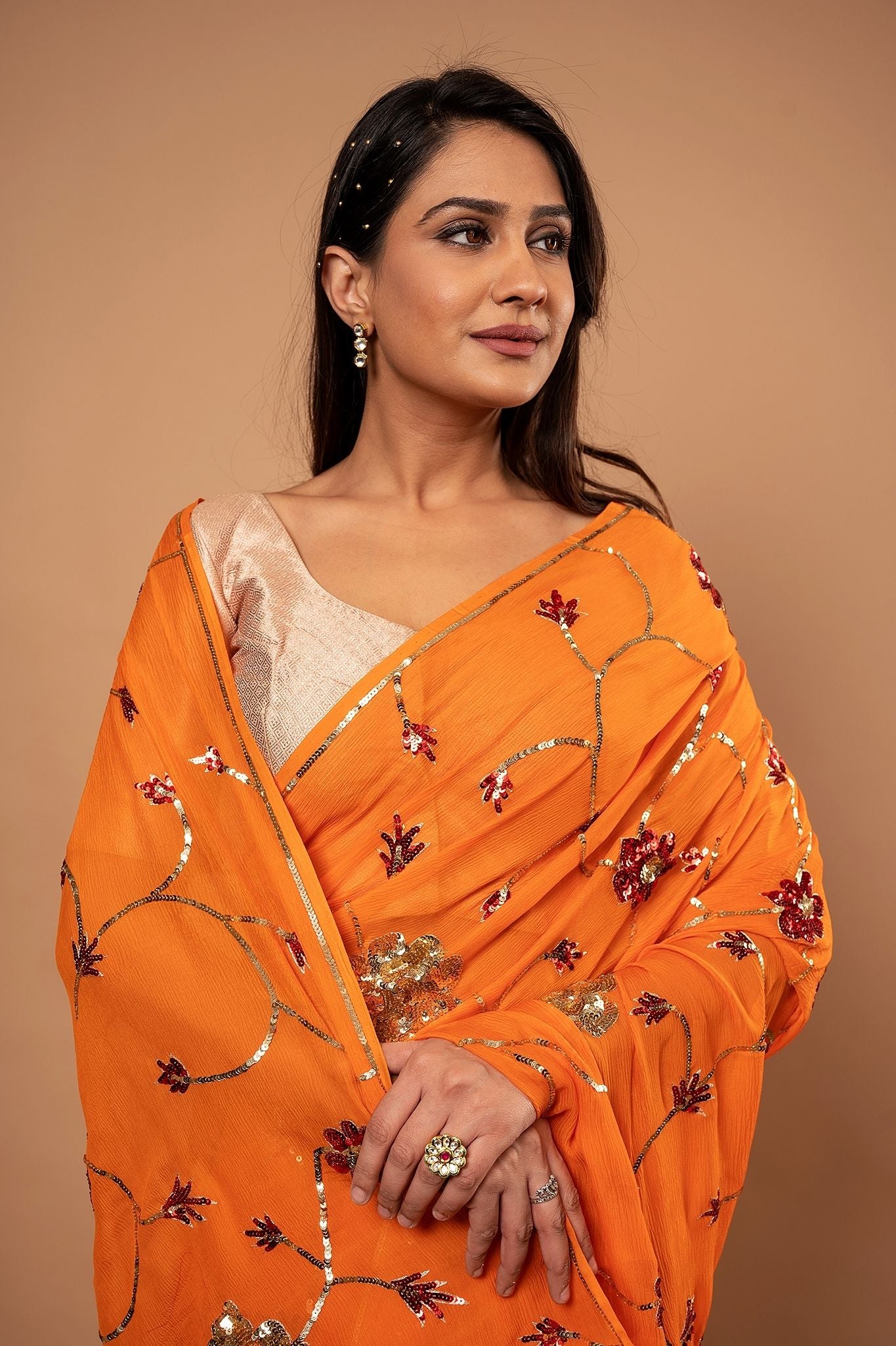 Orange pure chiffon sequins jaal handwork saree