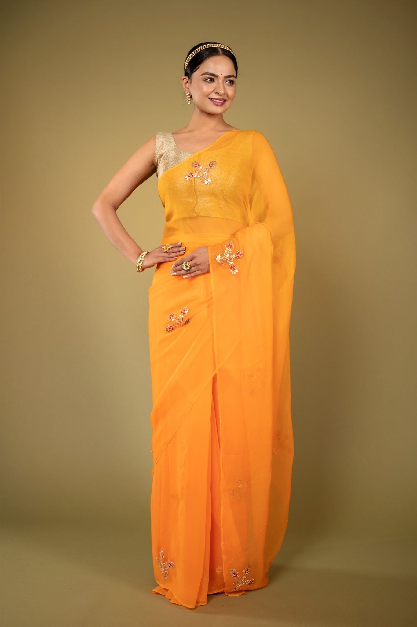 Pastel orange viscose chiffon aari resham gota pati motif handwork casual wear saree