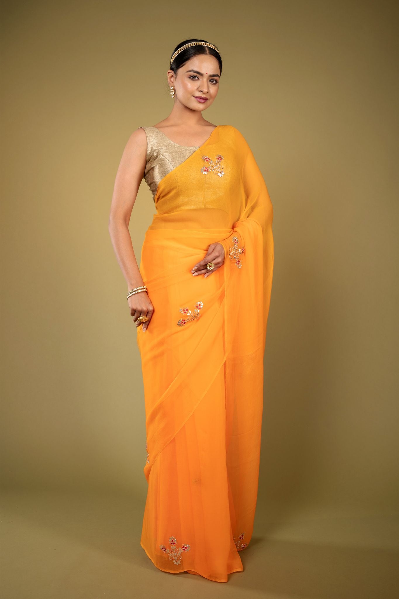 Pastel orange viscose chiffon aari resham gota pati motif handwork casual wear saree