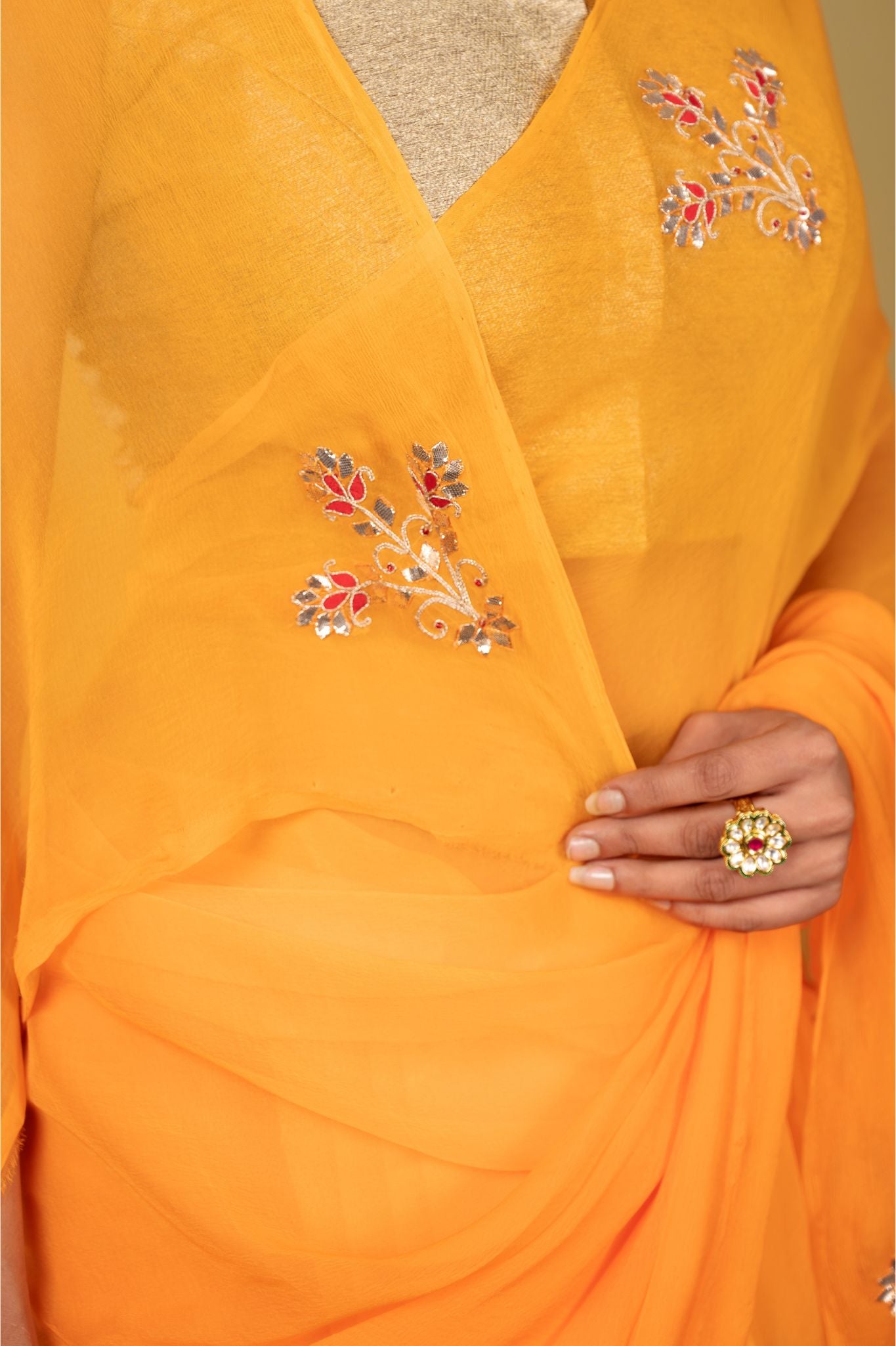 Pastel orange viscose chiffon aari resham gota pati motif handwork casual wear saree