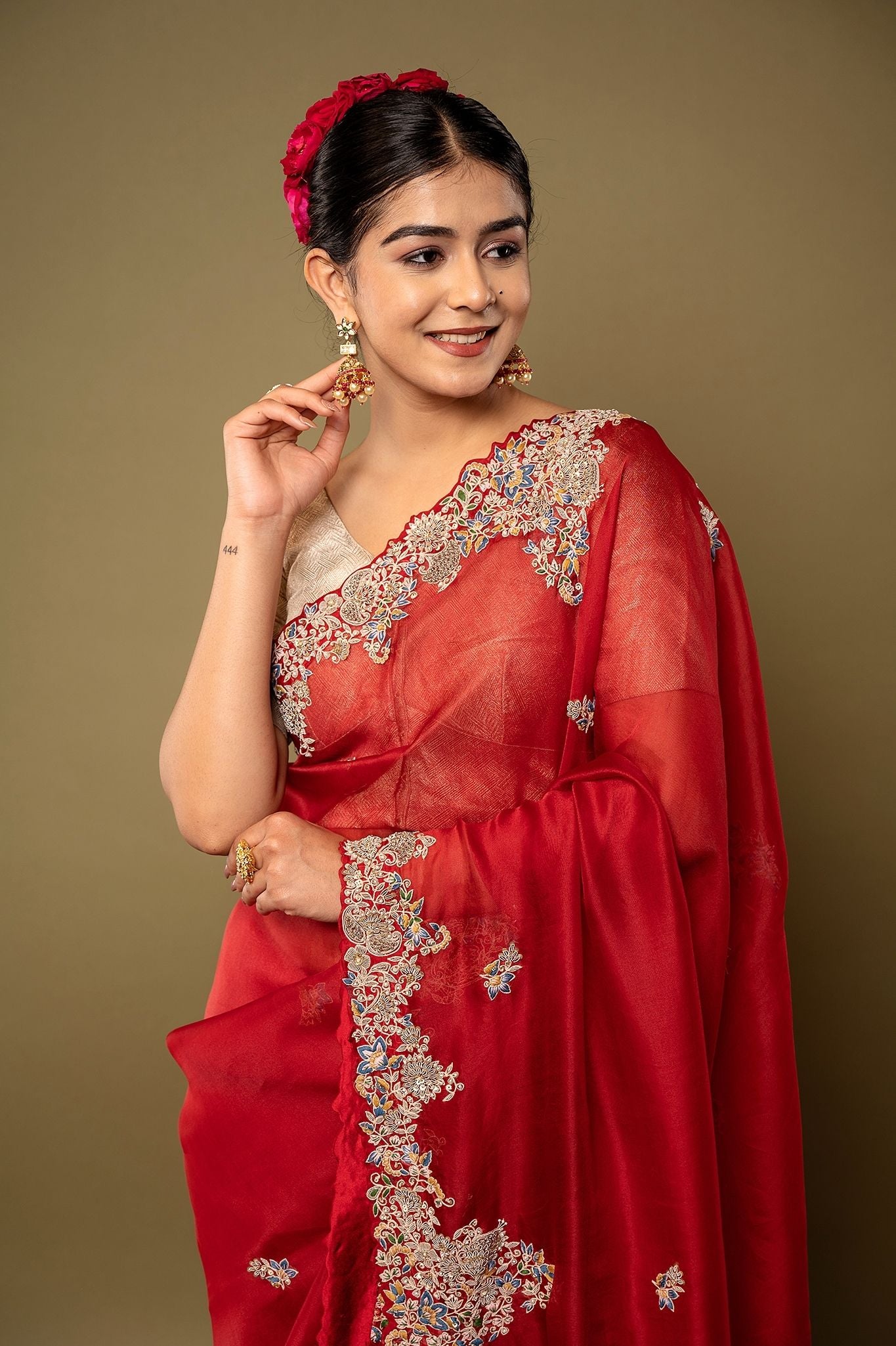 Red pure organza Dapka Marodi Zardozi Border Jaal handwork saree