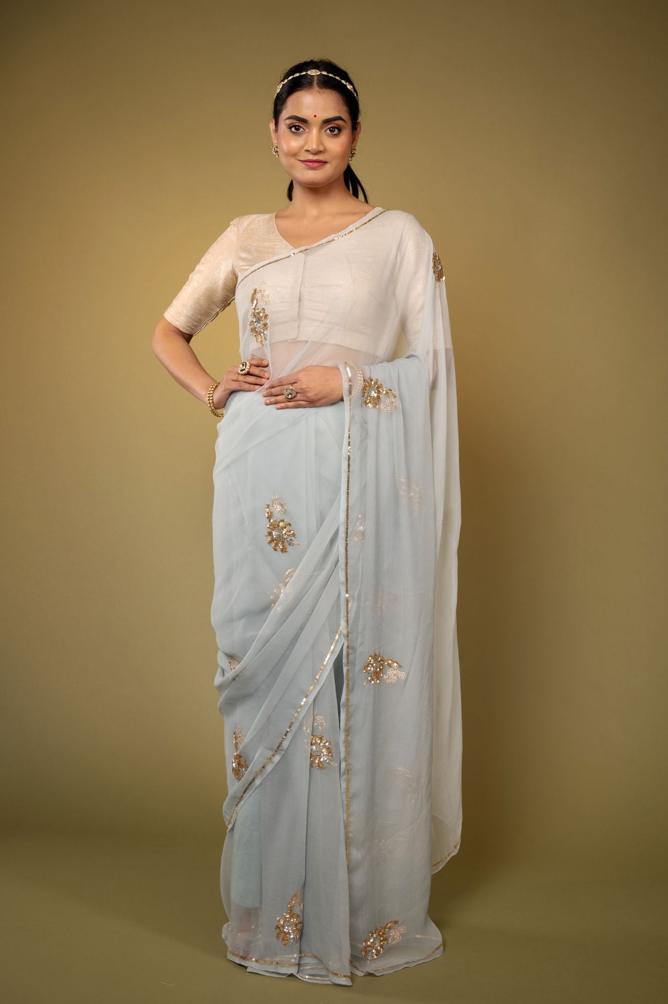 Grey light dark viscose chiffon aari sequins motif handwork casual wear saree