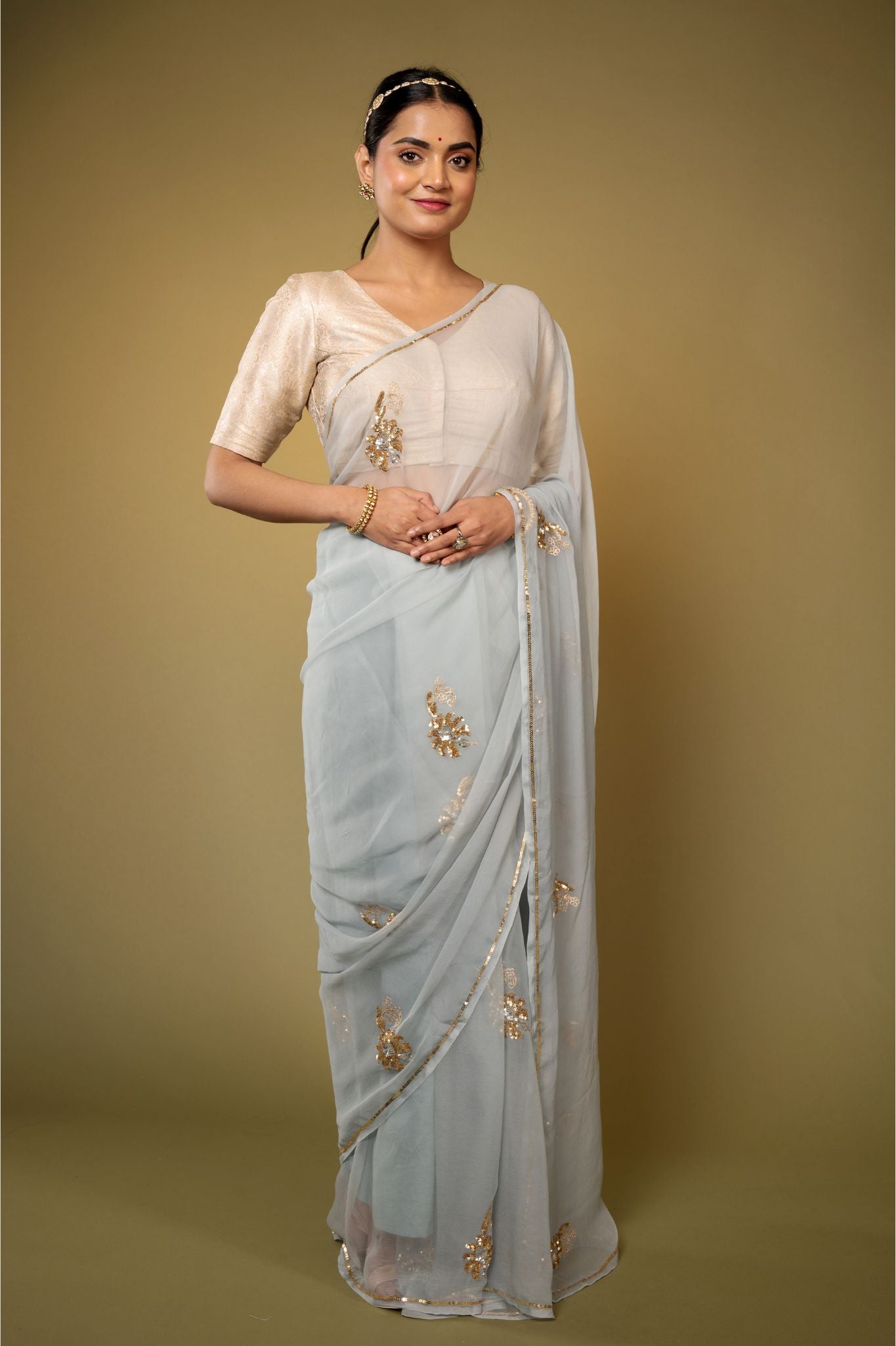 Grey light dark viscose chiffon aari sequins motif handwork casual wear saree
