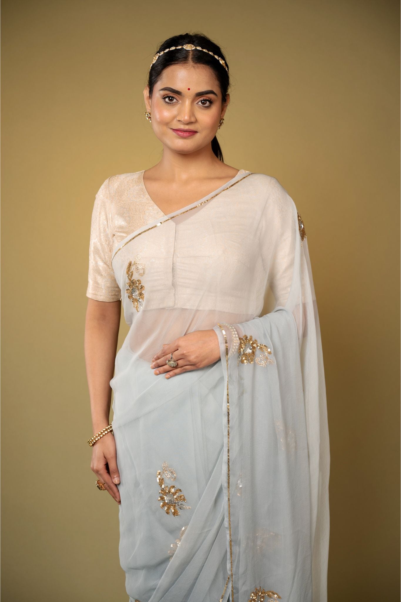 Grey light dark viscose chiffon aari sequins motif handwork casual wear saree