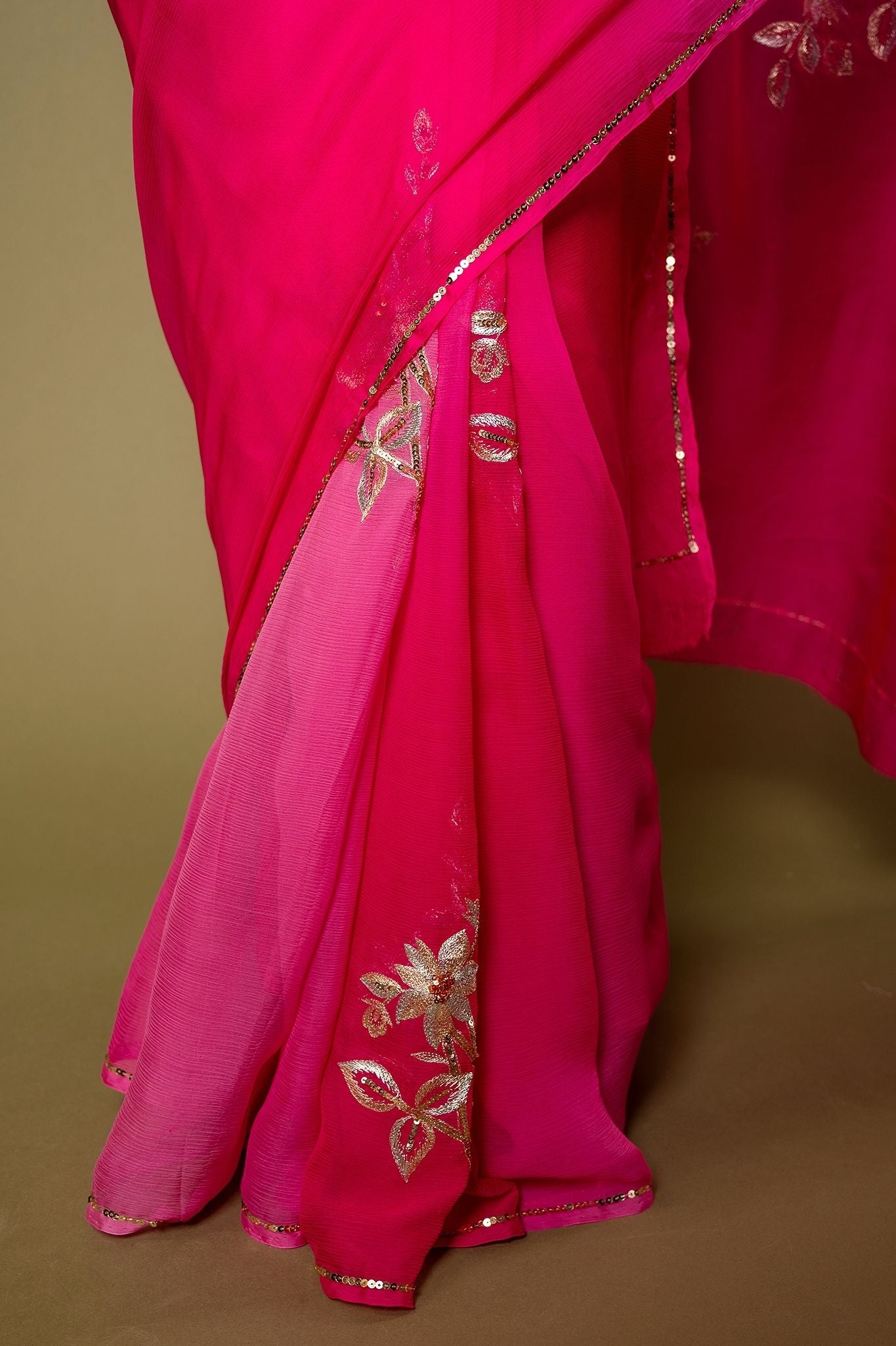 Pink Pure Chiffon Aari sequins Motif handwork Saree
