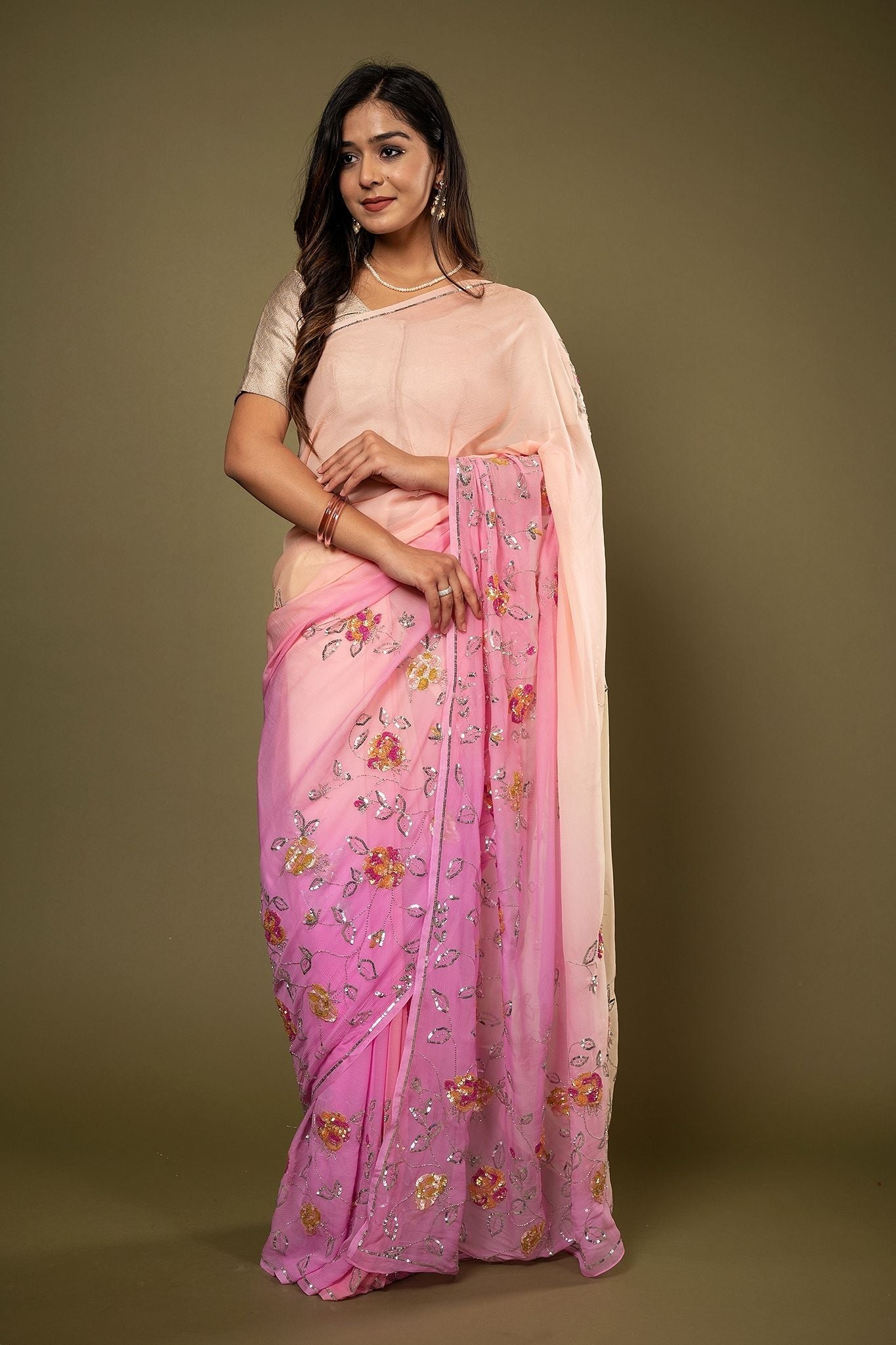 Pink Peach pure chiffon Sequins Butti handwork saree