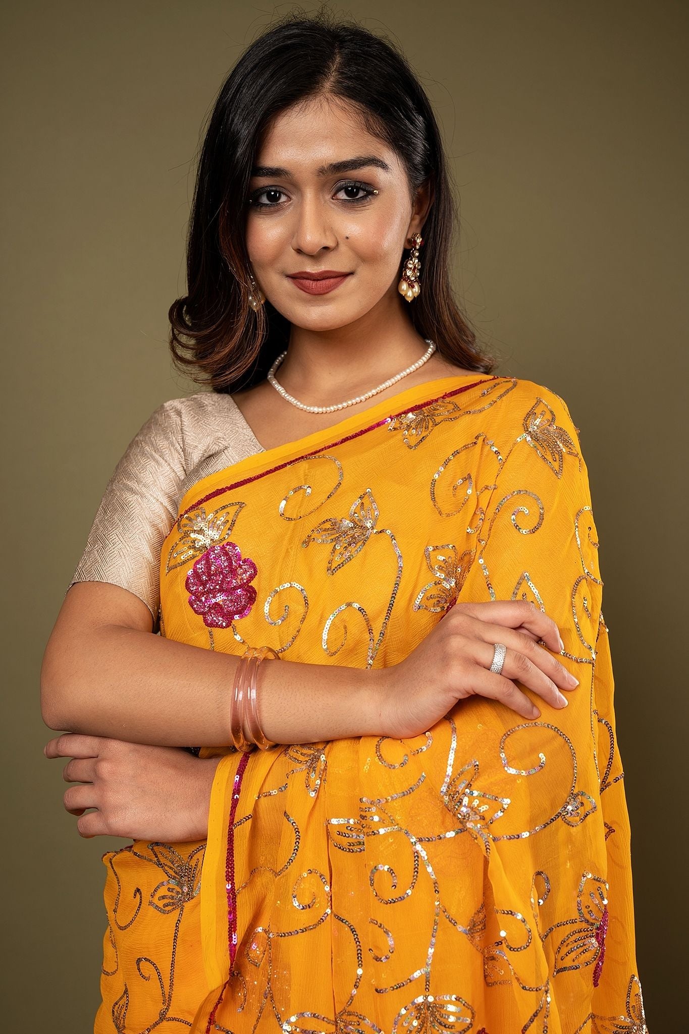 Mustard pure chiffon sequins jaal handwork saree