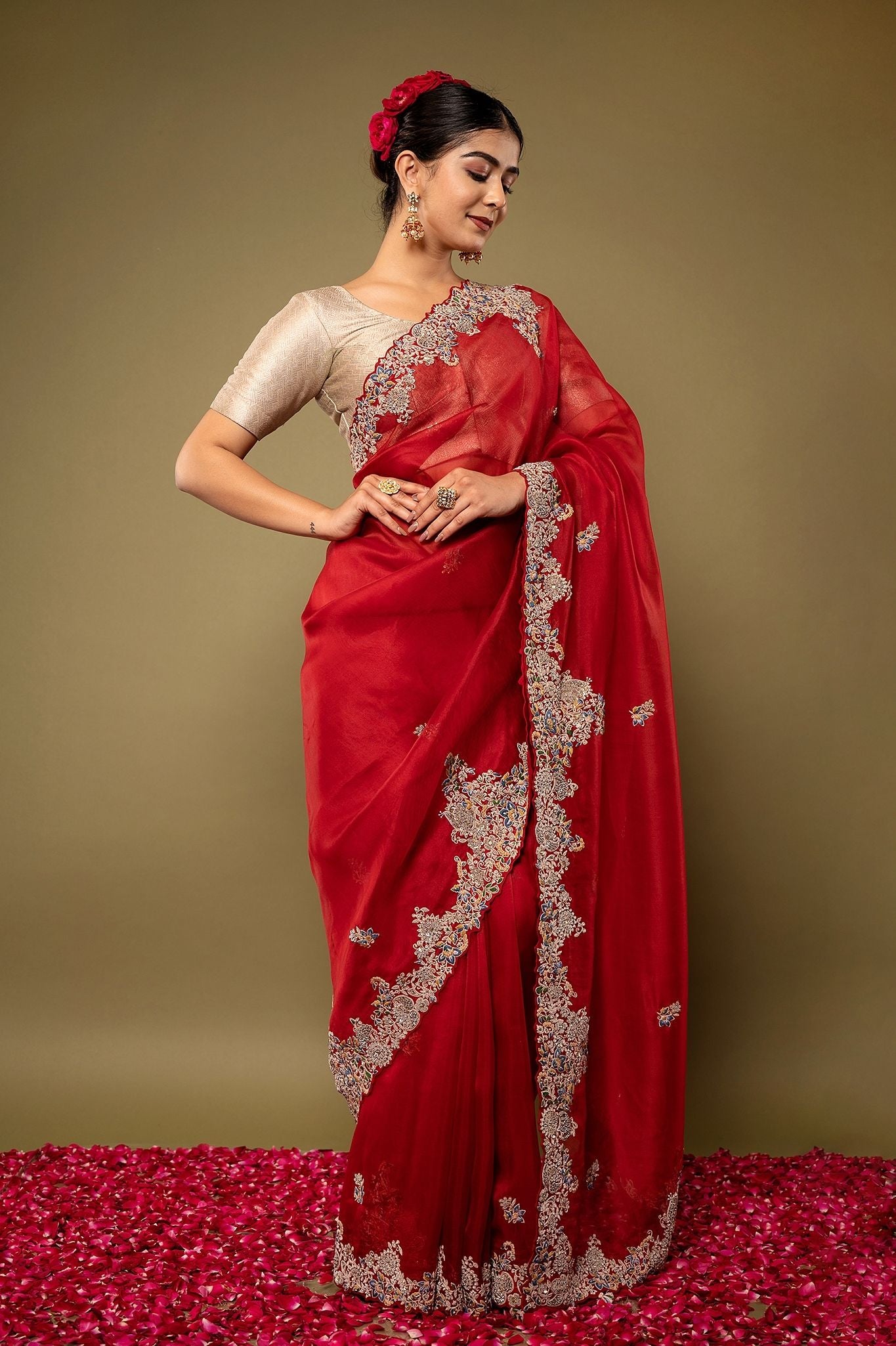 Red pure organza Dapka Marodi Zardozi Border Jaal handwork saree