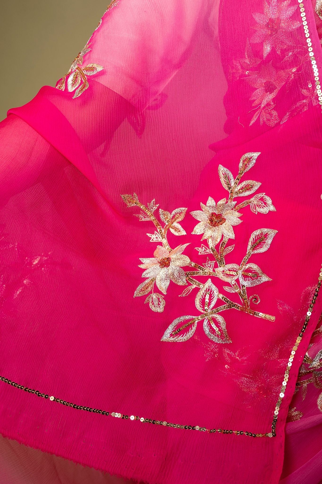 Pink Pure Chiffon Aari sequins Motif handwork Saree