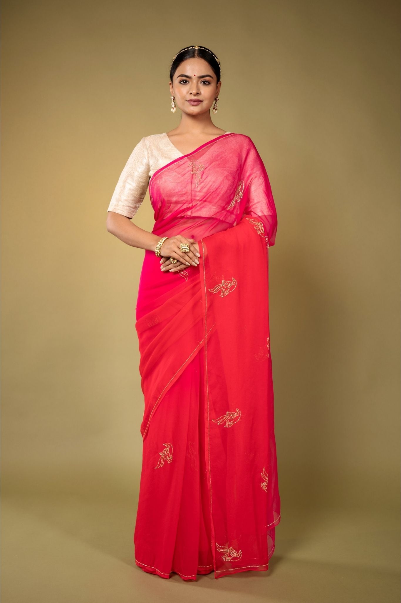 Fussia Pink viscose chiffon kardana motif handwork casual wear saree