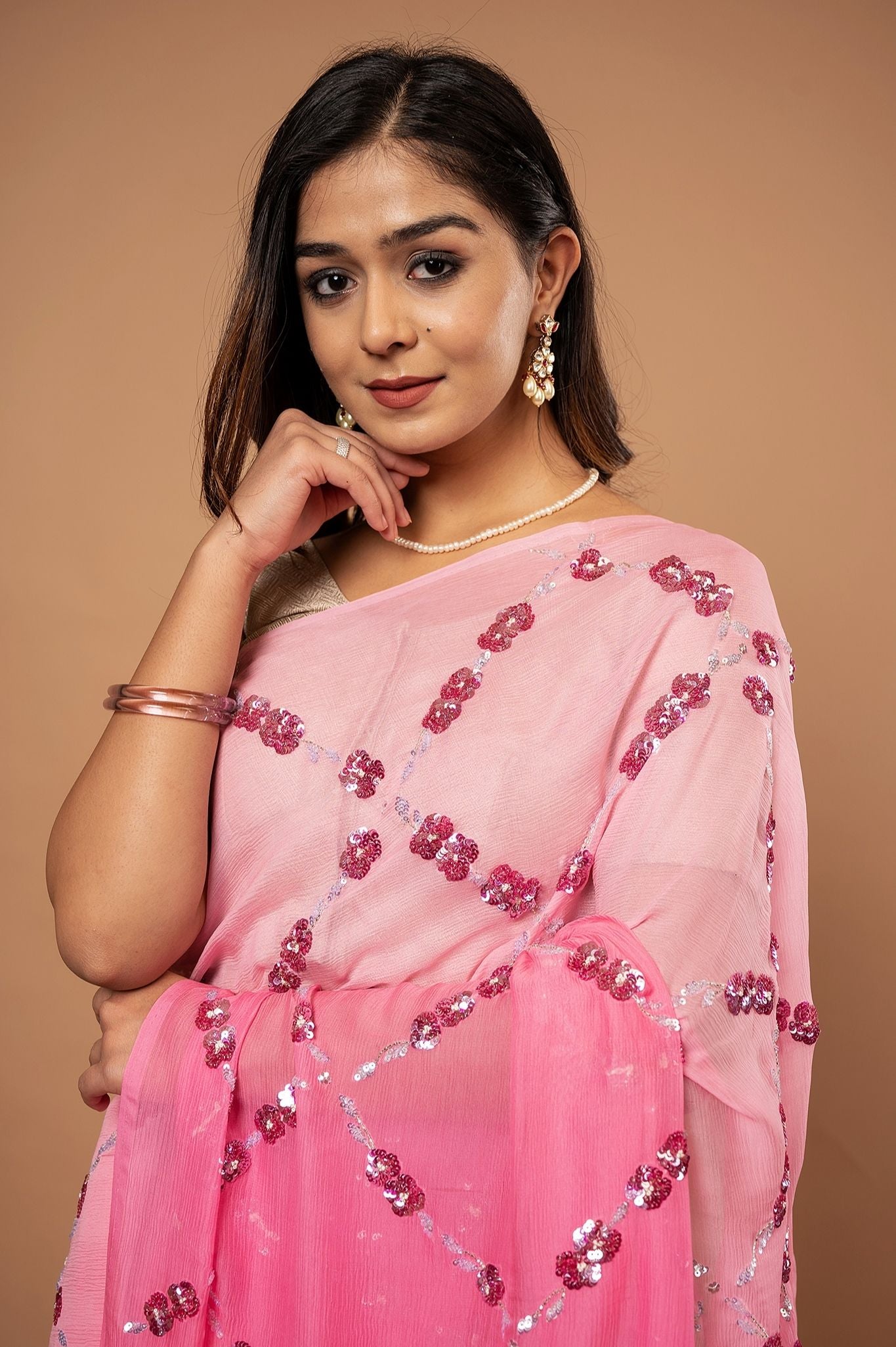 Pink light dark pure chiffon sequins jaal handwork saree