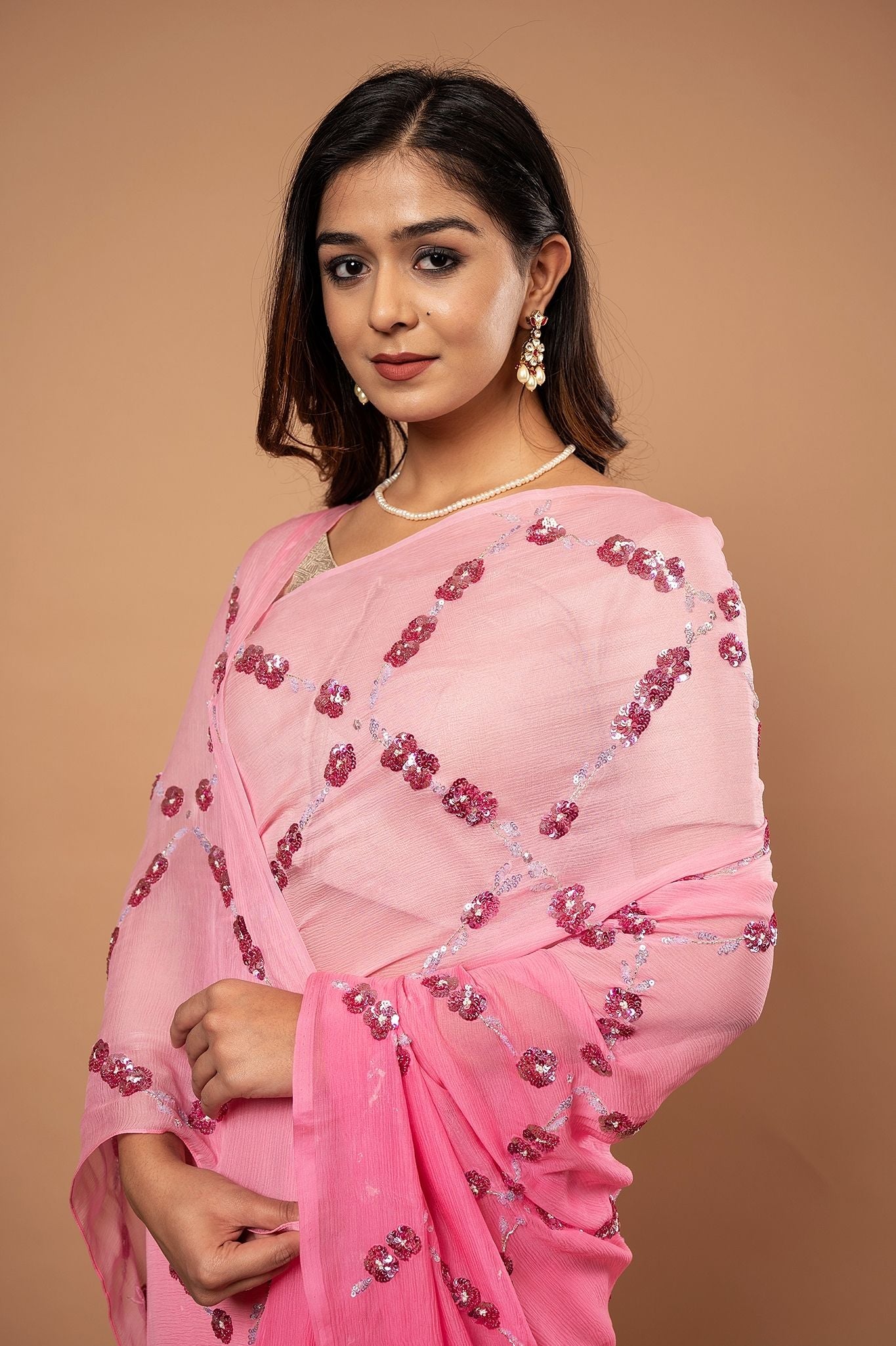 Pink light dark pure chiffon sequins jaal handwork saree