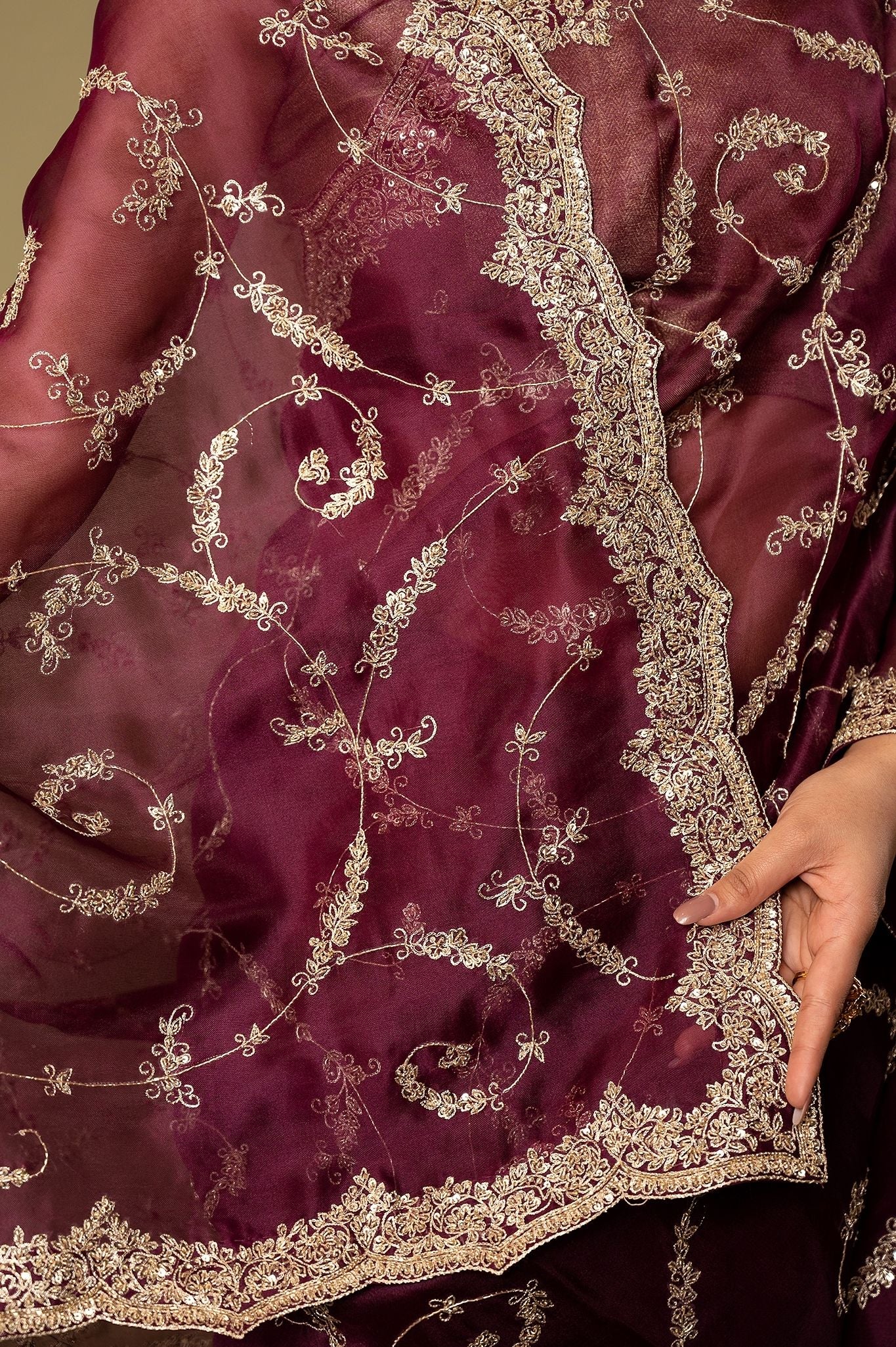 Wine pure organza Dapka Marodi Zardozi Border Jaal handwork saree