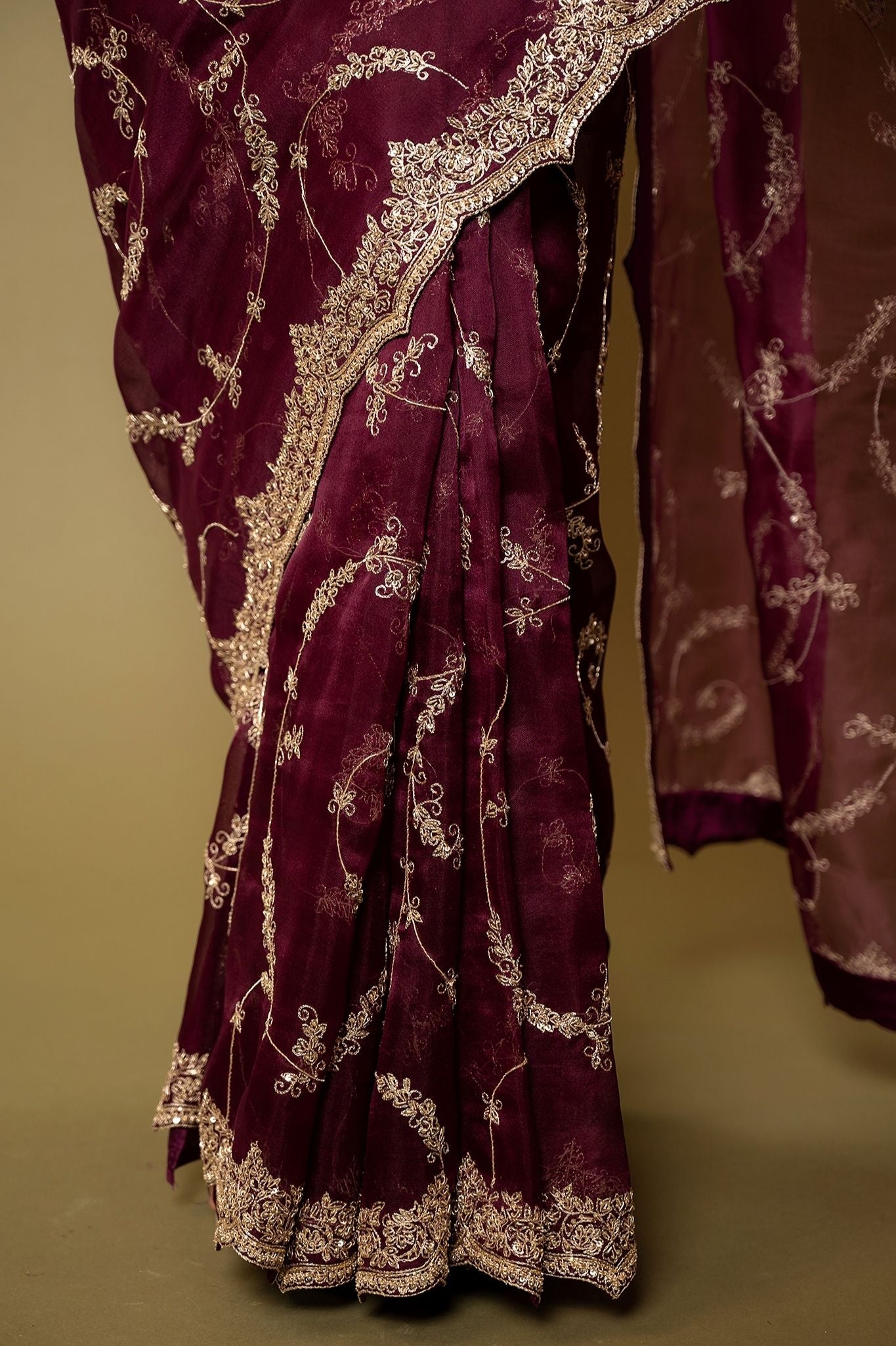 Wine pure organza Dapka Marodi Zardozi Border Jaal handwork saree