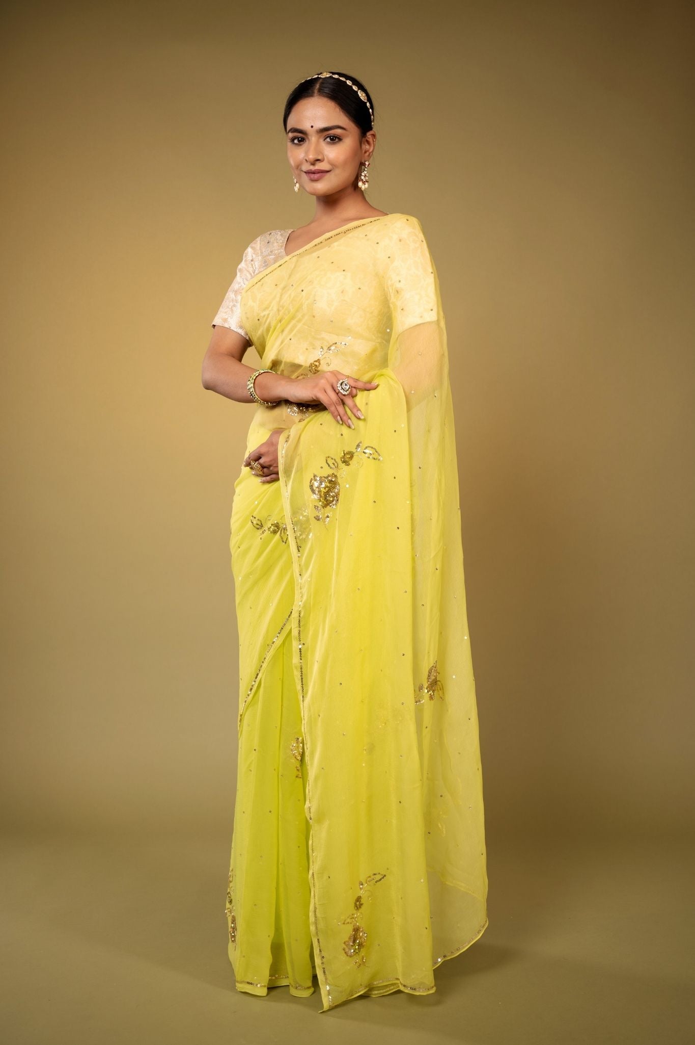 lemon viscose chiffon aari sequins motif handwork casual wear saree