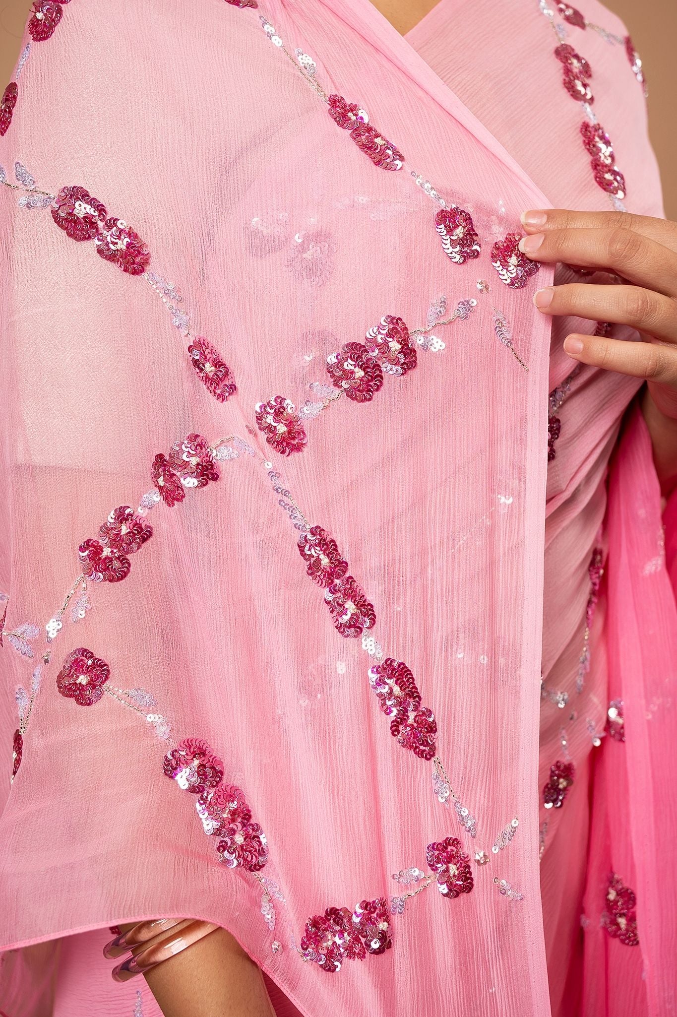 Pink light dark pure chiffon sequins jaal handwork saree