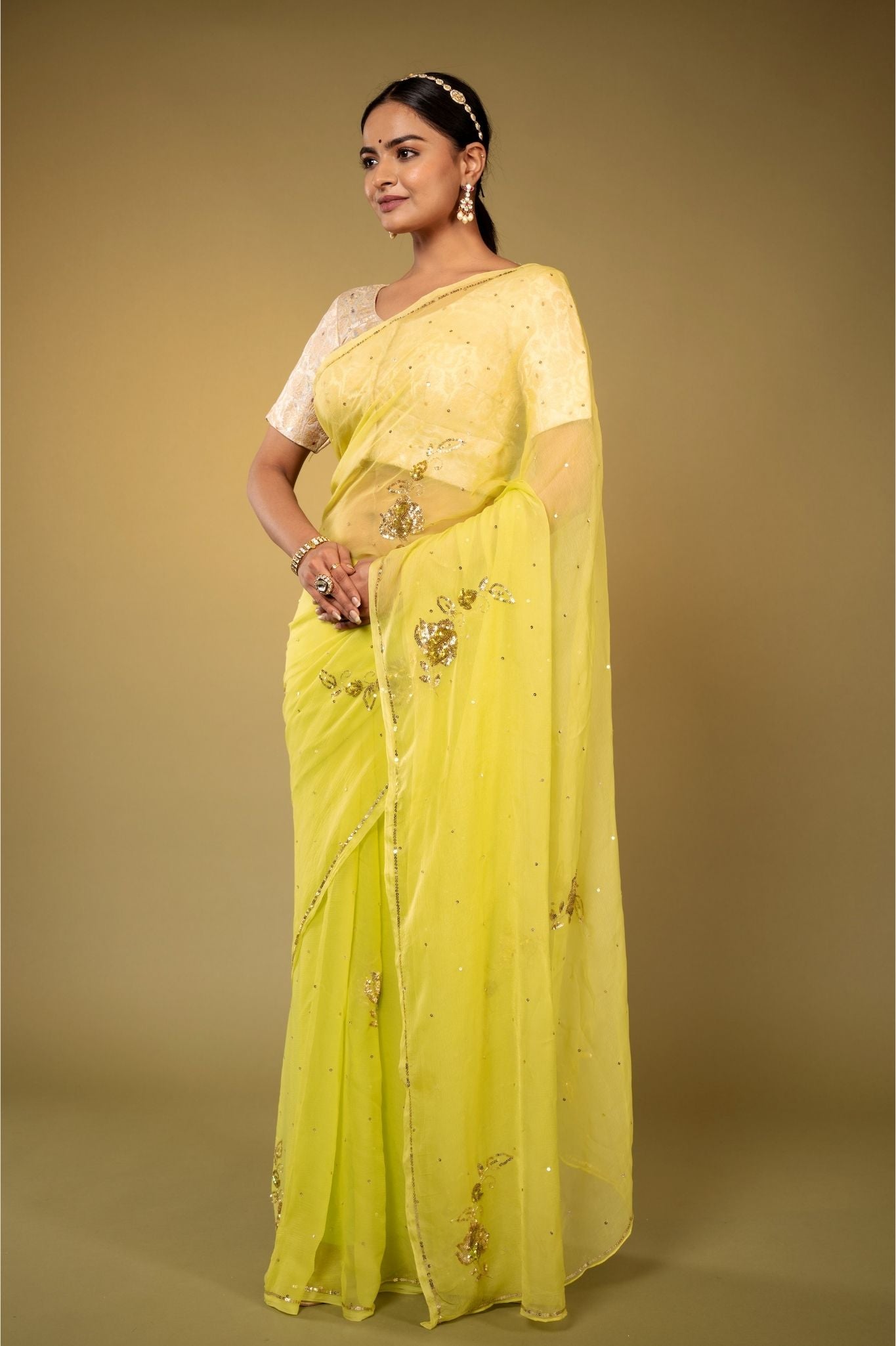 lemon viscose chiffon aari sequins motif handwork casual wear saree