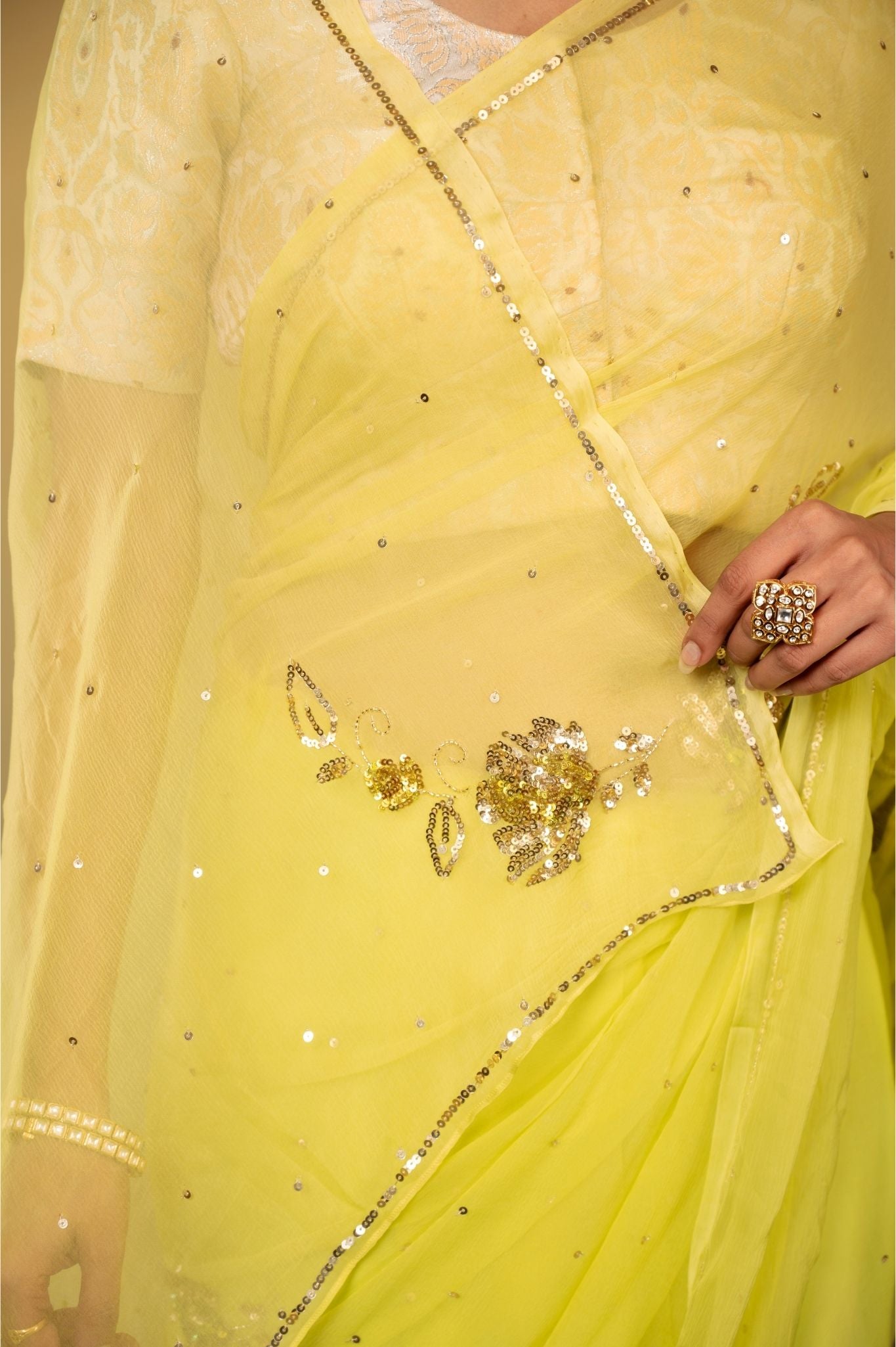 lemon viscose chiffon aari sequins motif handwork casual wear saree