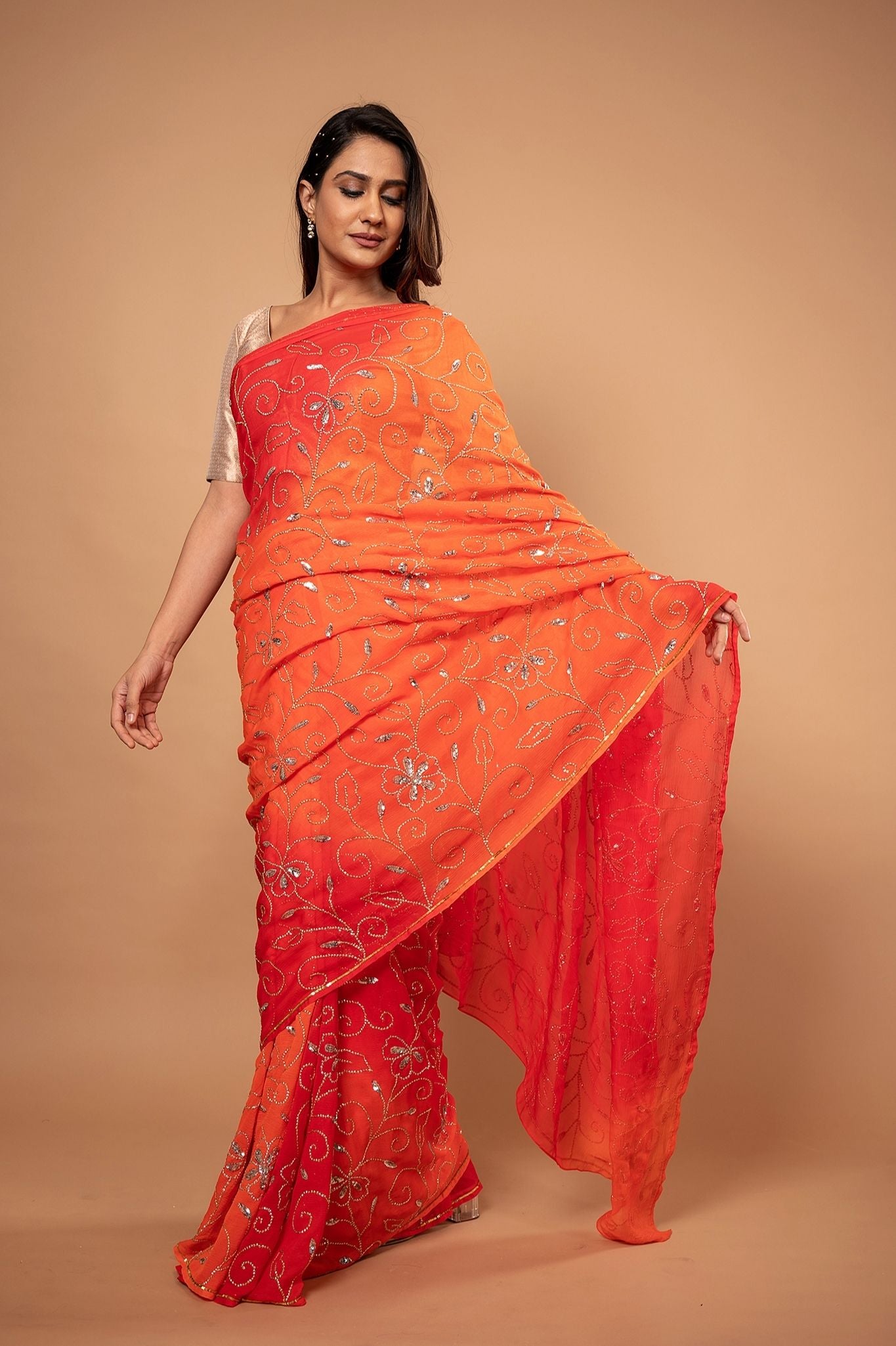 Orange light dark pure chiffon sequins jaal handwork saree