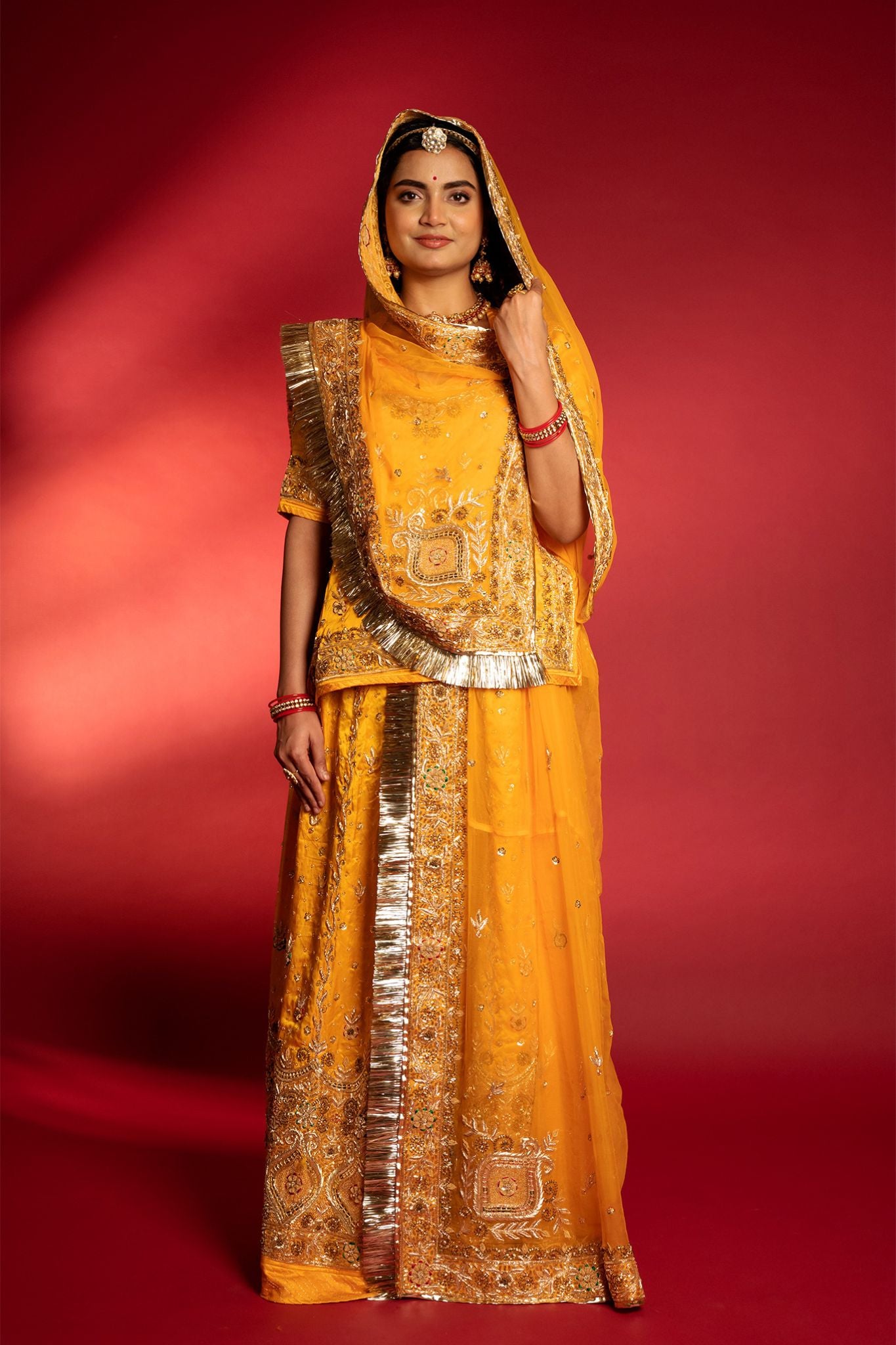 Yellow Pure Silk Satin aari zardozi handwork Rajputi Poshak with Pure odhna