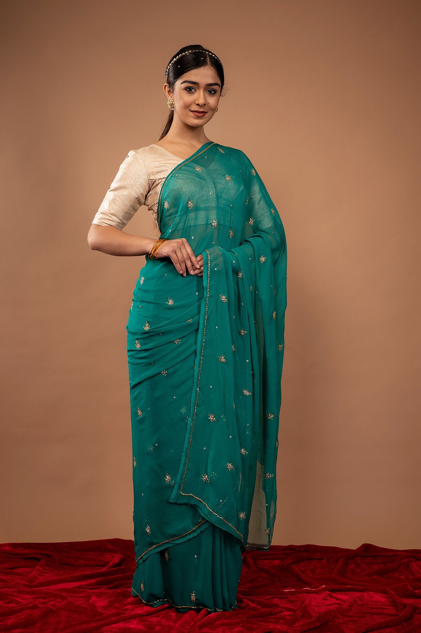 Rama green viscose chiffon kardana motif handwork casual wear saree