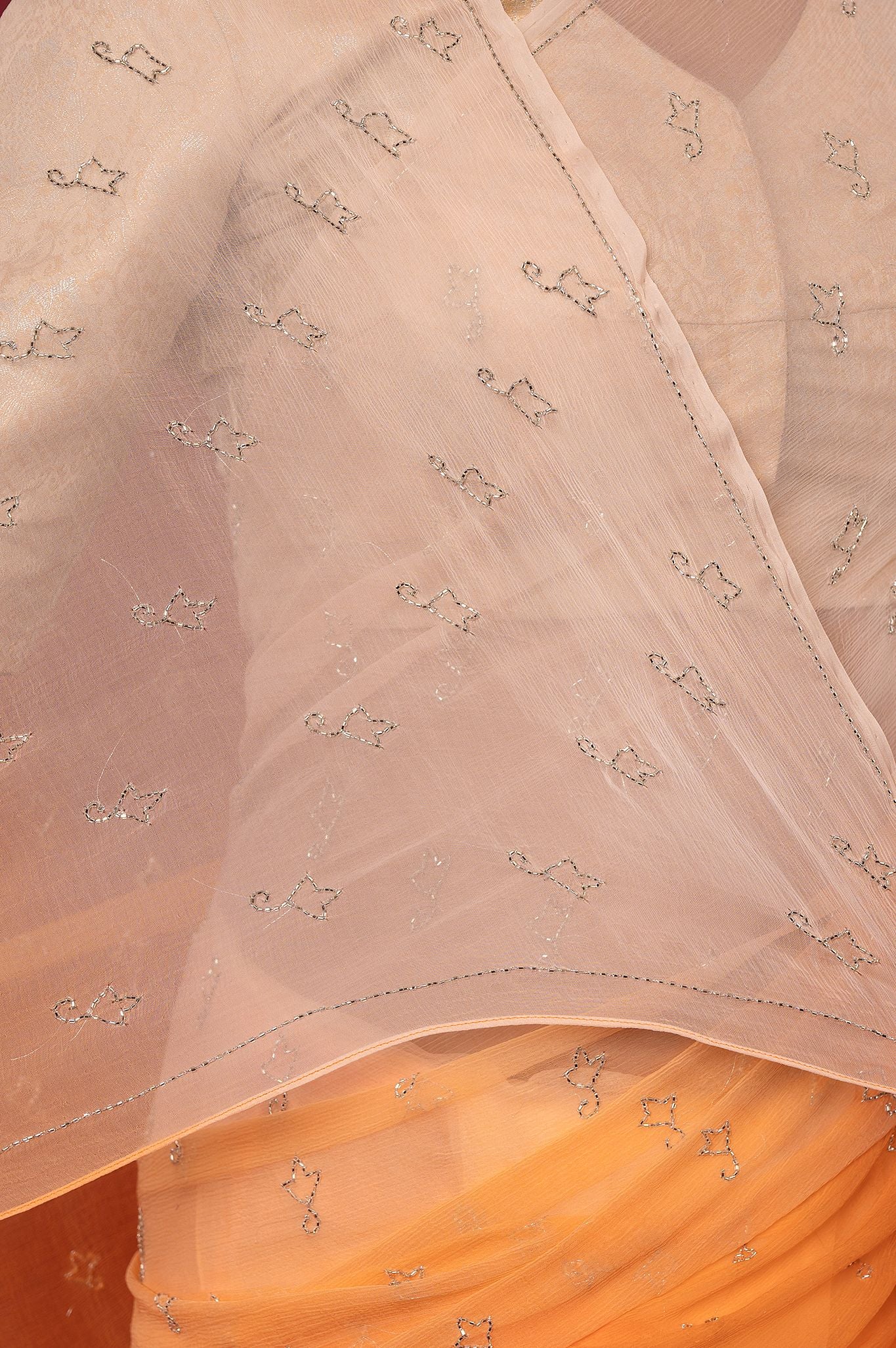 Peach light dark viscose chiffon kardana motif handwork casual wear saree