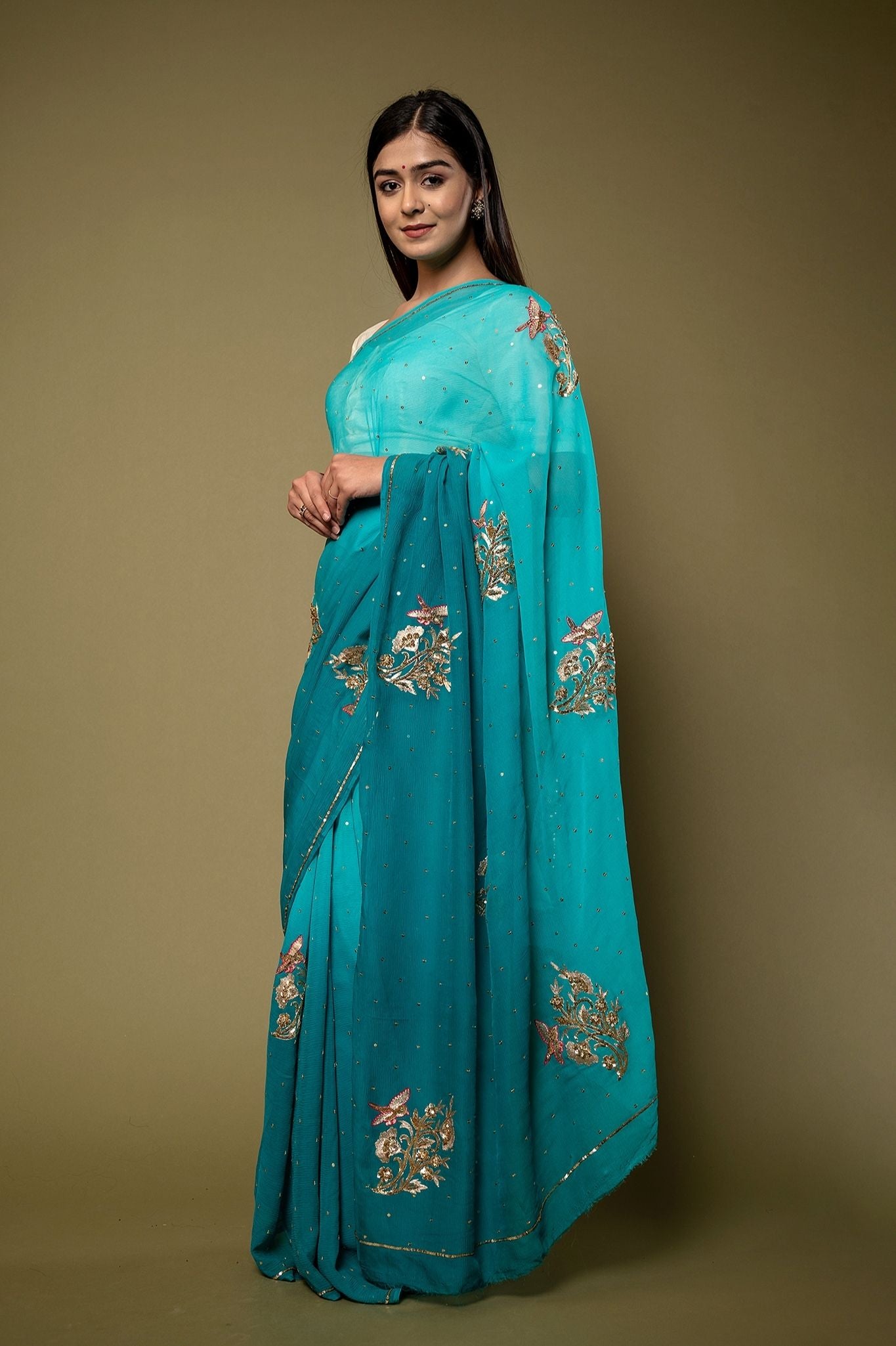 Rama Blue Light dark Pure Chiffon sequins motif handwork saree