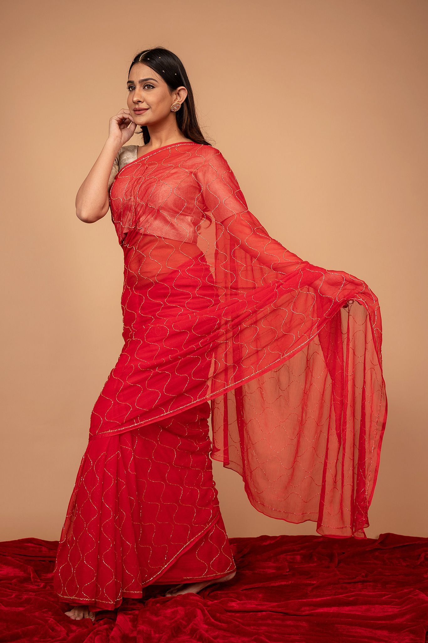 red Viscose Chiffon Kardana jaal Handwork Saree