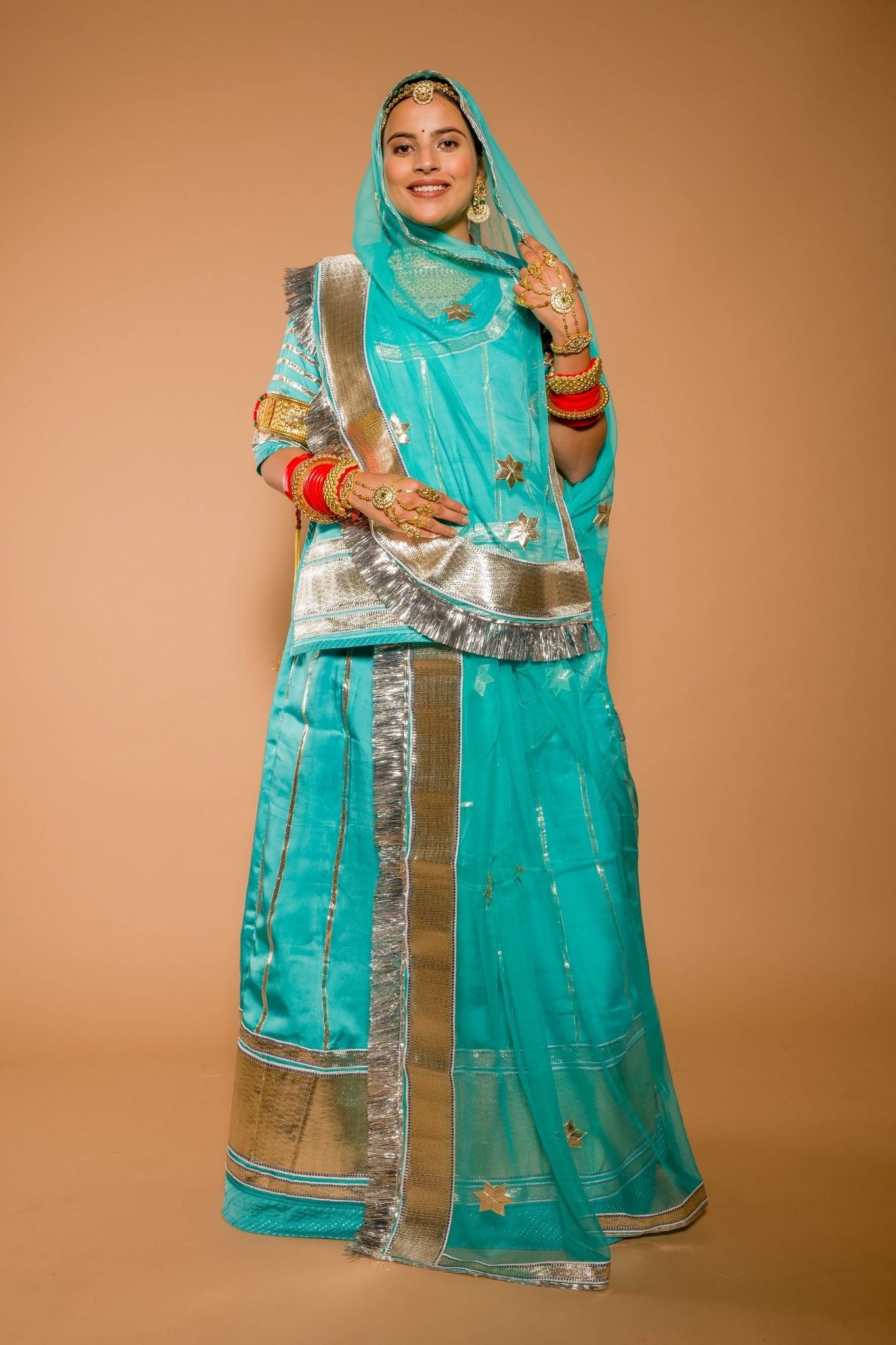 firozi bamber satin laffa gota patti handwork poshak with pure odhna