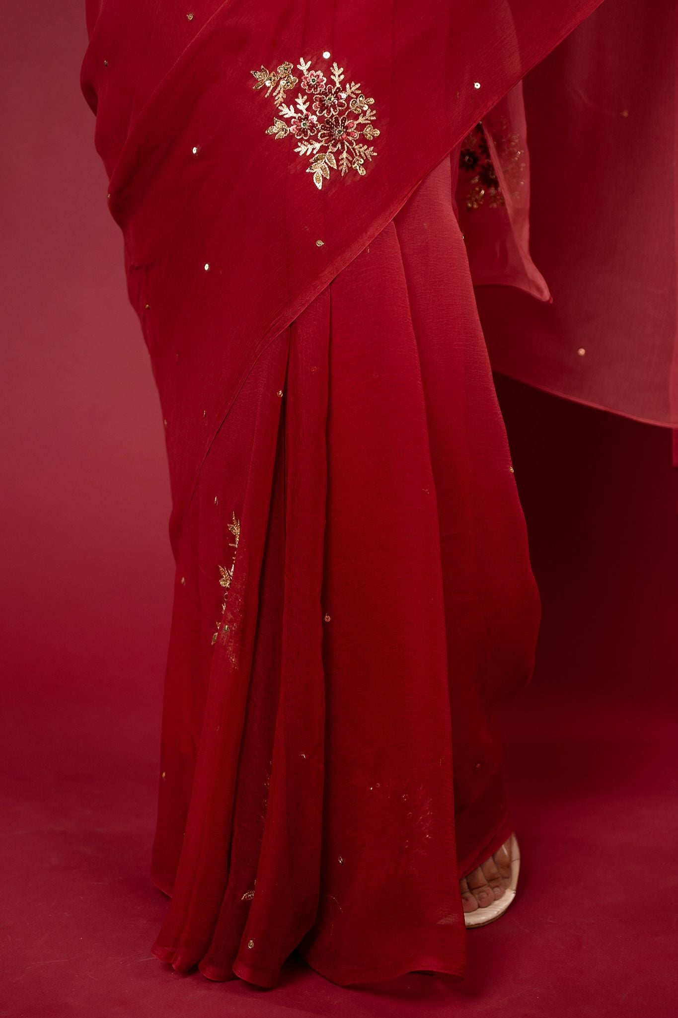 Maroon light dark viscose chiffon aari sequins motif handwork casual wear saree