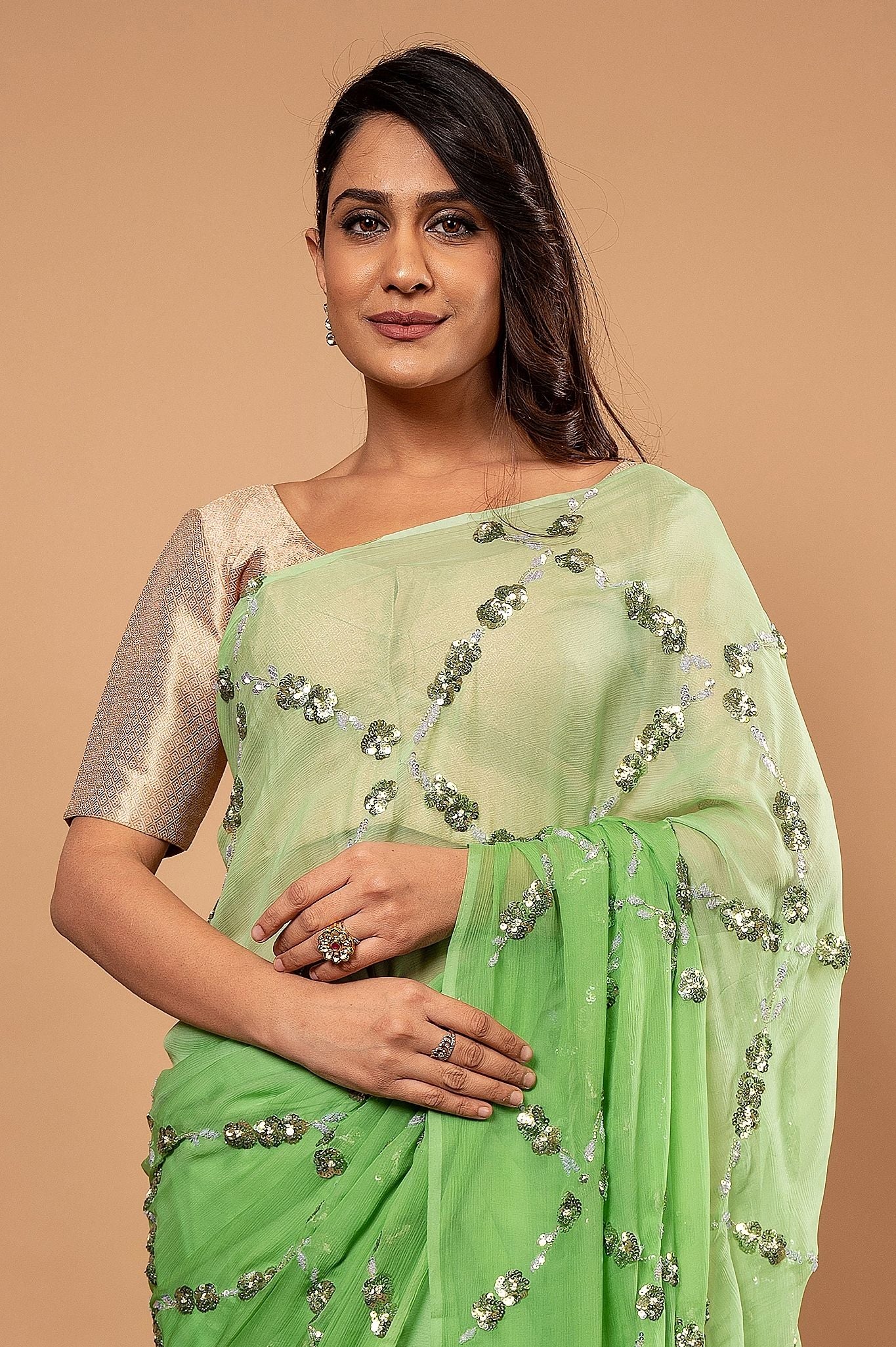 parrot green light dark pure chiffon sequins jaal handwork saree