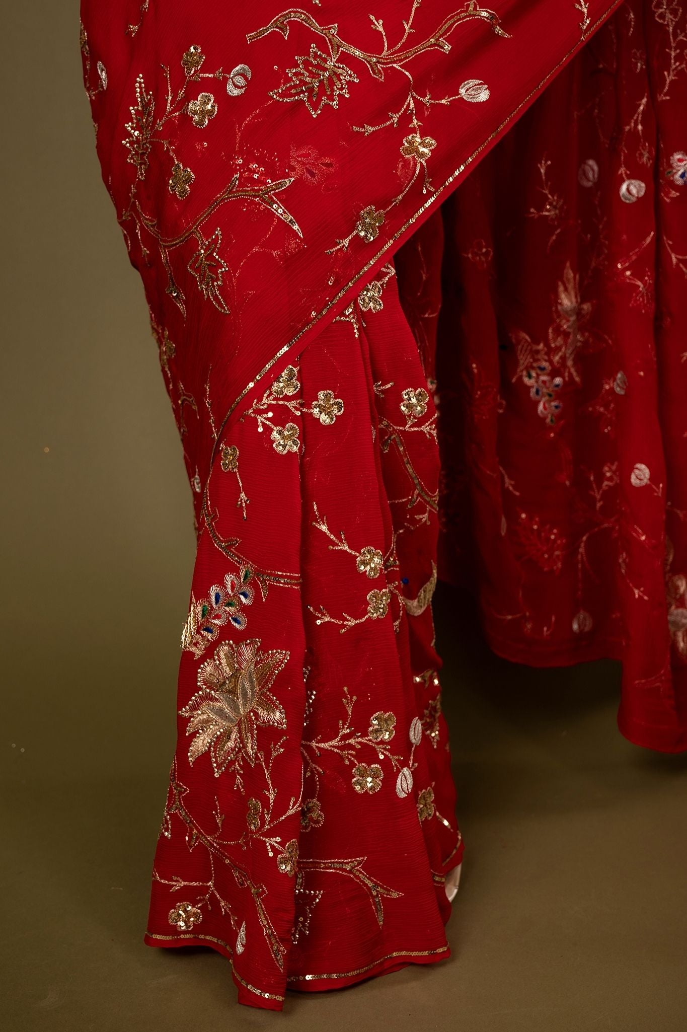 red pure chiffon aari sequins jaal handwork saree