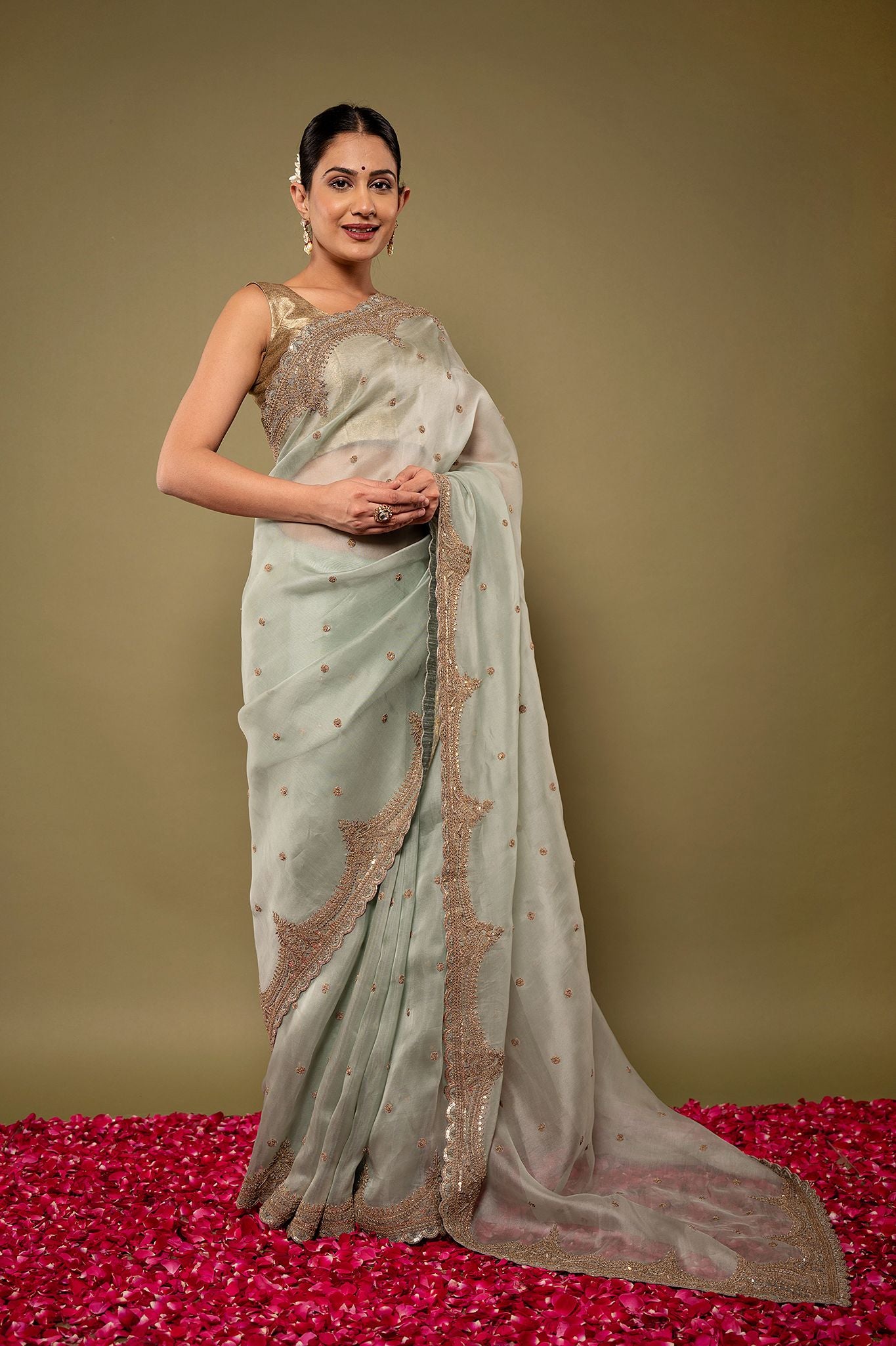 Greyish Green pure organza Dapka Marodi Border Butti handwork saree
